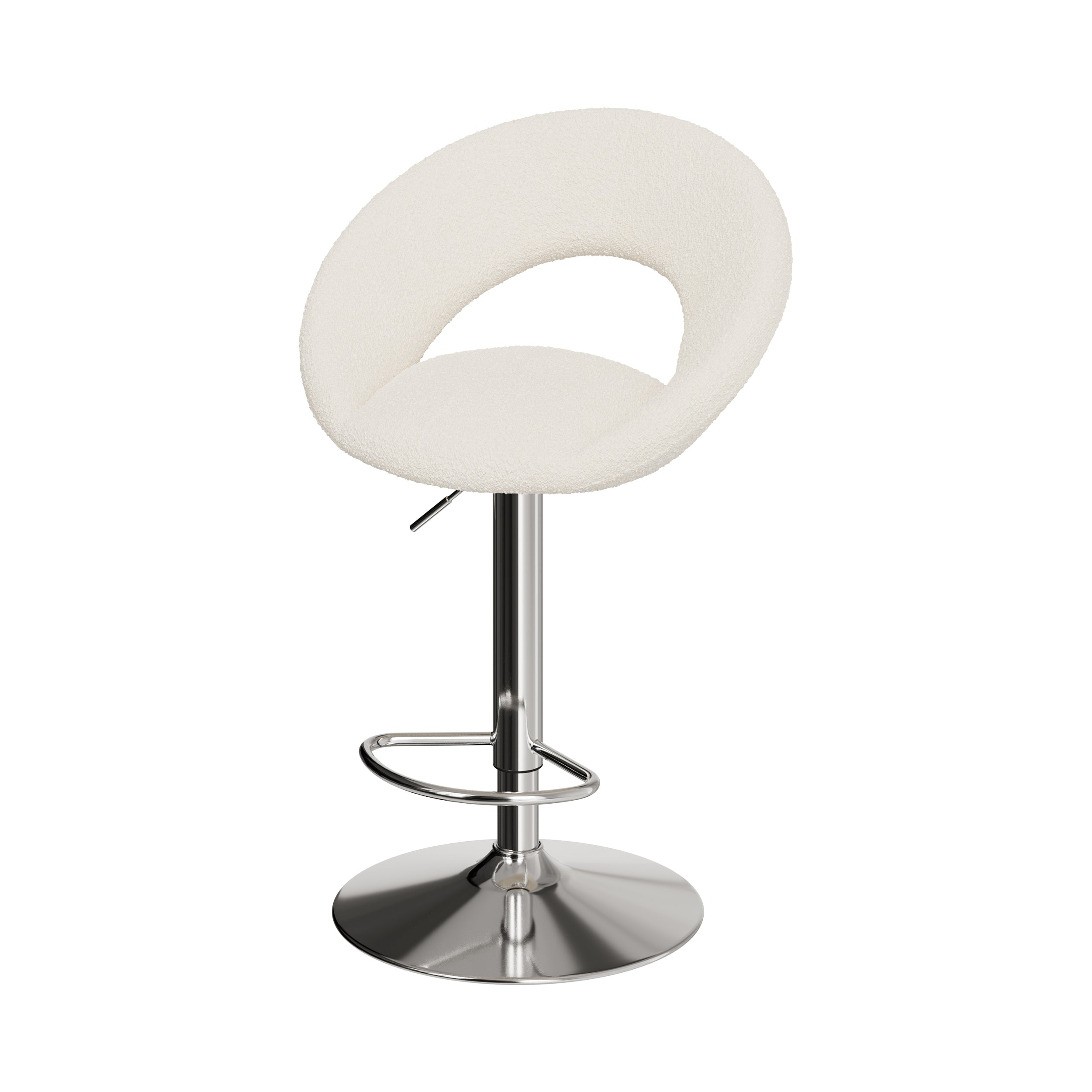 chaise de bar cloclo tissu boucle creme reglable pieds metal chrome
