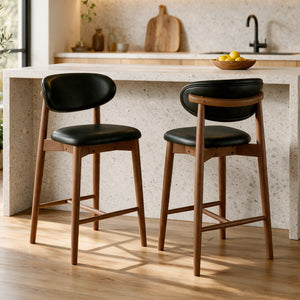 Chaise de bar cuir synthétique noir pieds bois marron cuisine beige – Maison Pavane