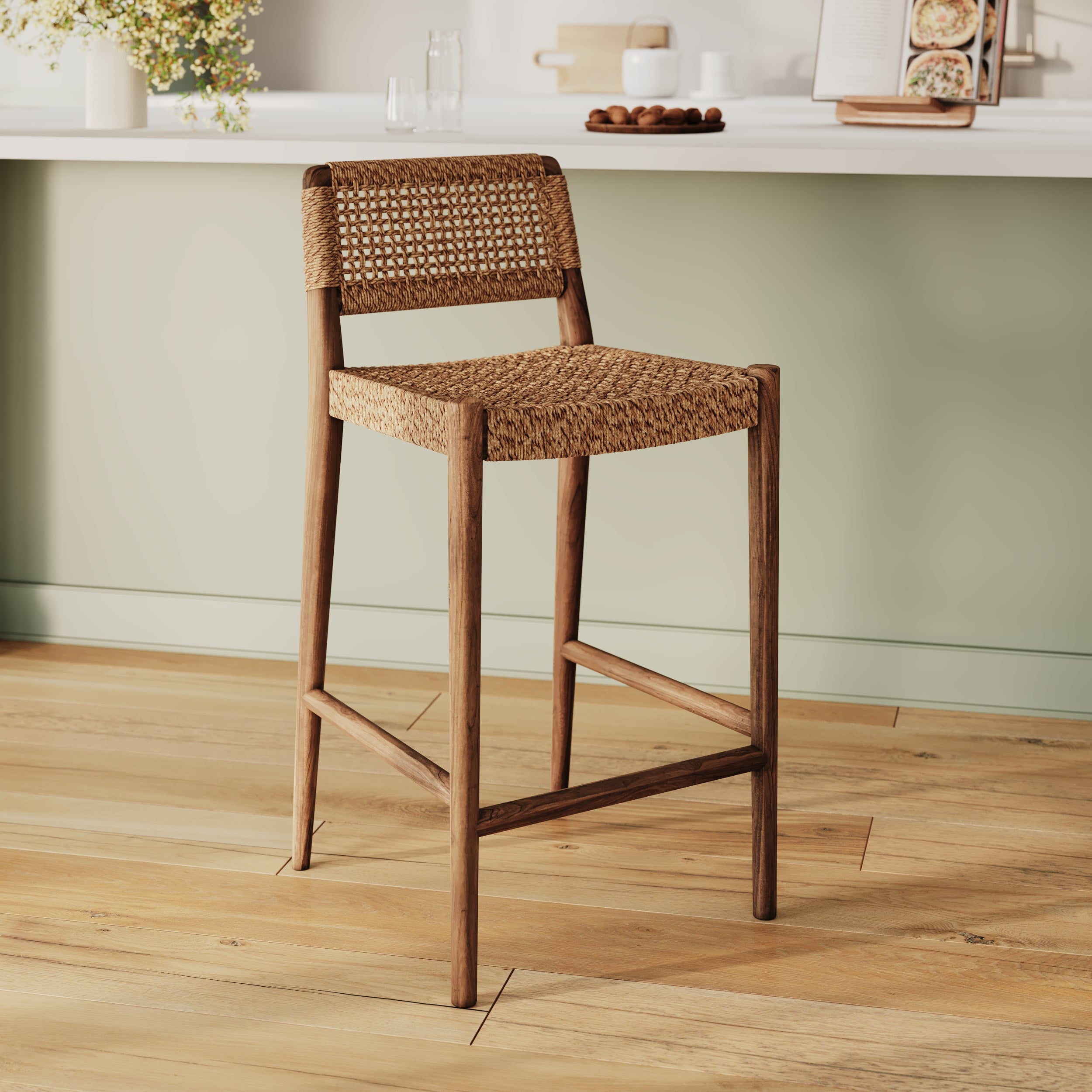 Chaise de bar en bois et tressage Yaba
