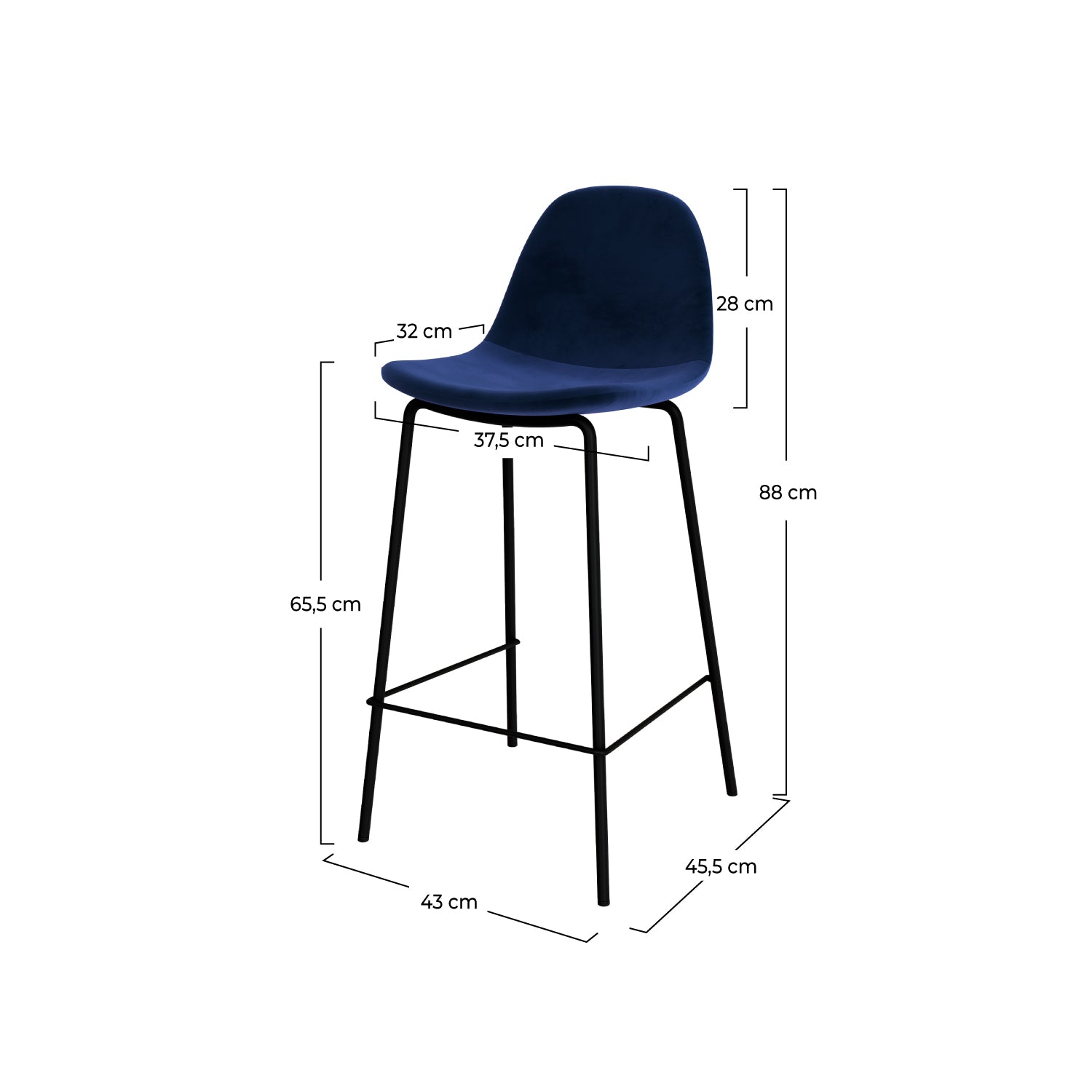 chaise de bar henrik pieds metal noir velours bleu_1