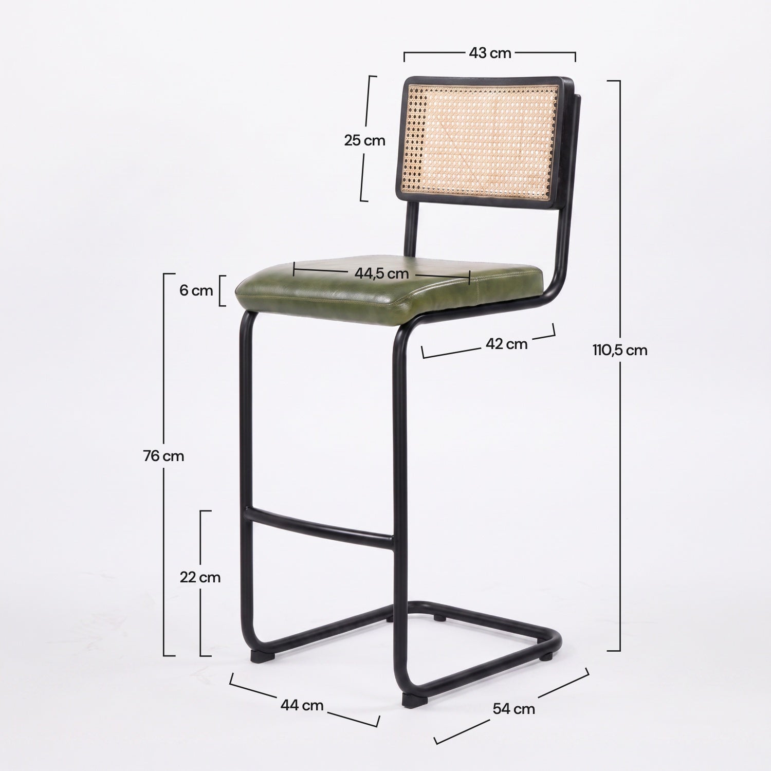 Dimensions de la chaise de bar Léandre 76 cm en cannage et cuir vert - Maison Pavane
