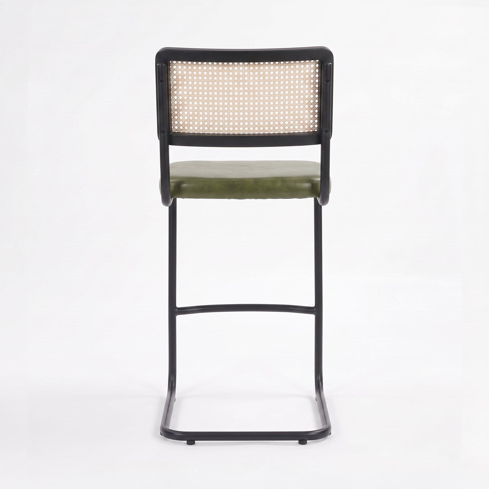 Chaise de bar Léandre 76 cm en cannage et cuir vert, vue de dos - Maison Pavane