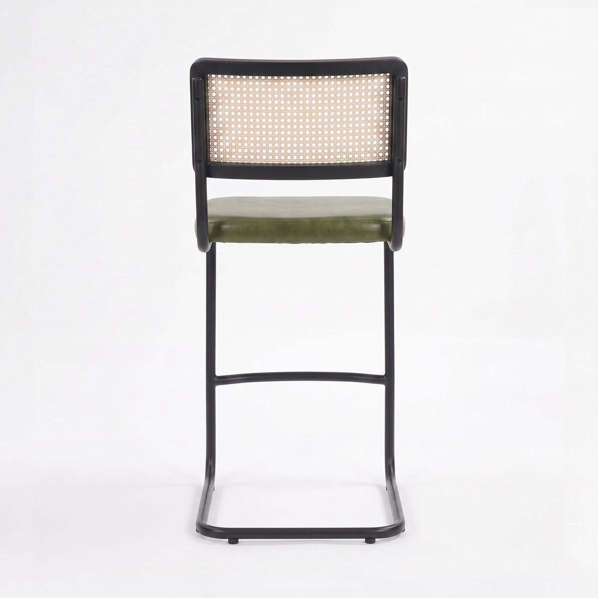 Chaise de bar Léandre 76 cm en cannage et cuir vert, vue de dos - Maison Pavane