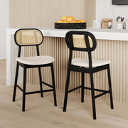 chaise de bar maria mi hauteur en tissu beige et bois noir et cannage