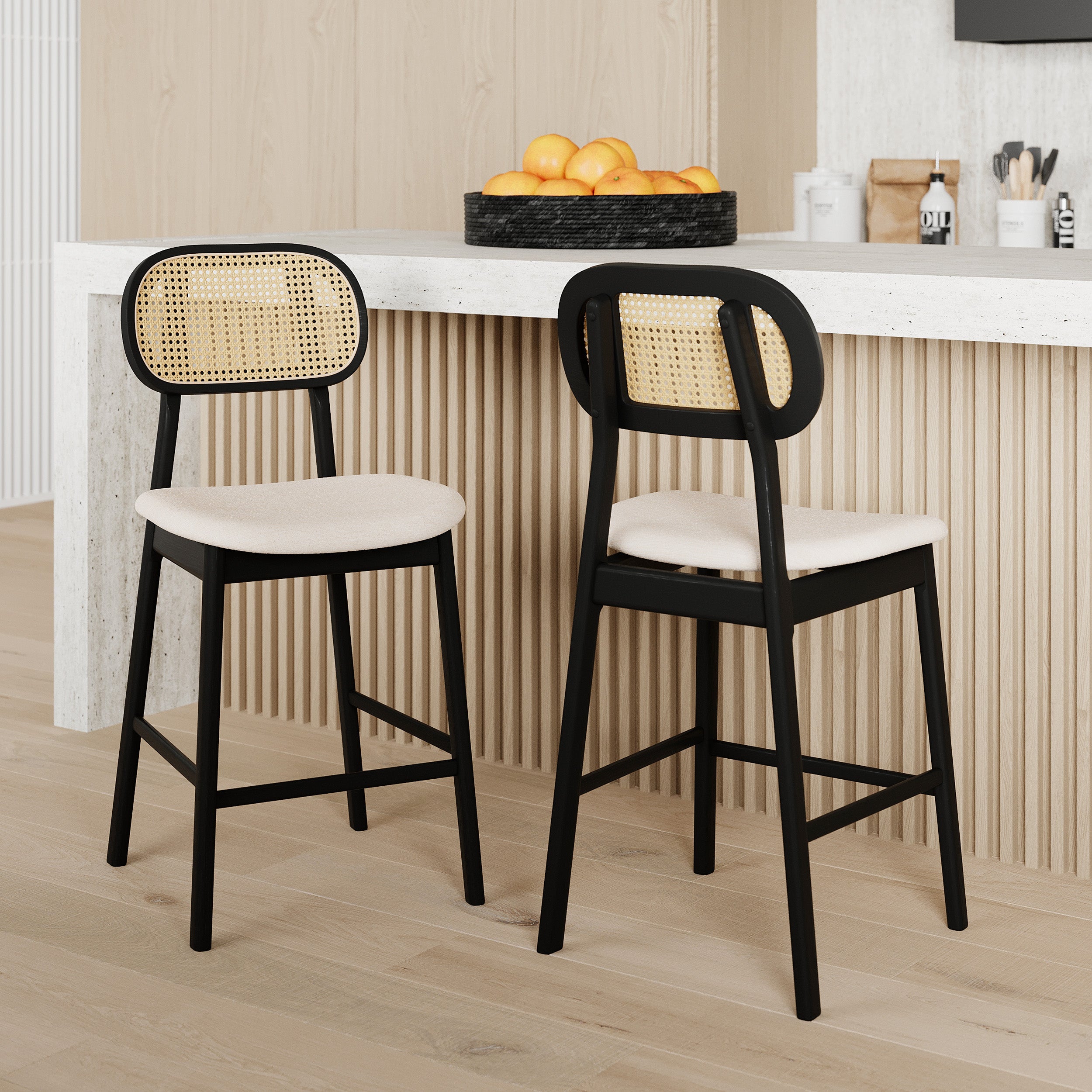 chaise de bar maria mi hauteur en tissu beige et bois noir et cannage