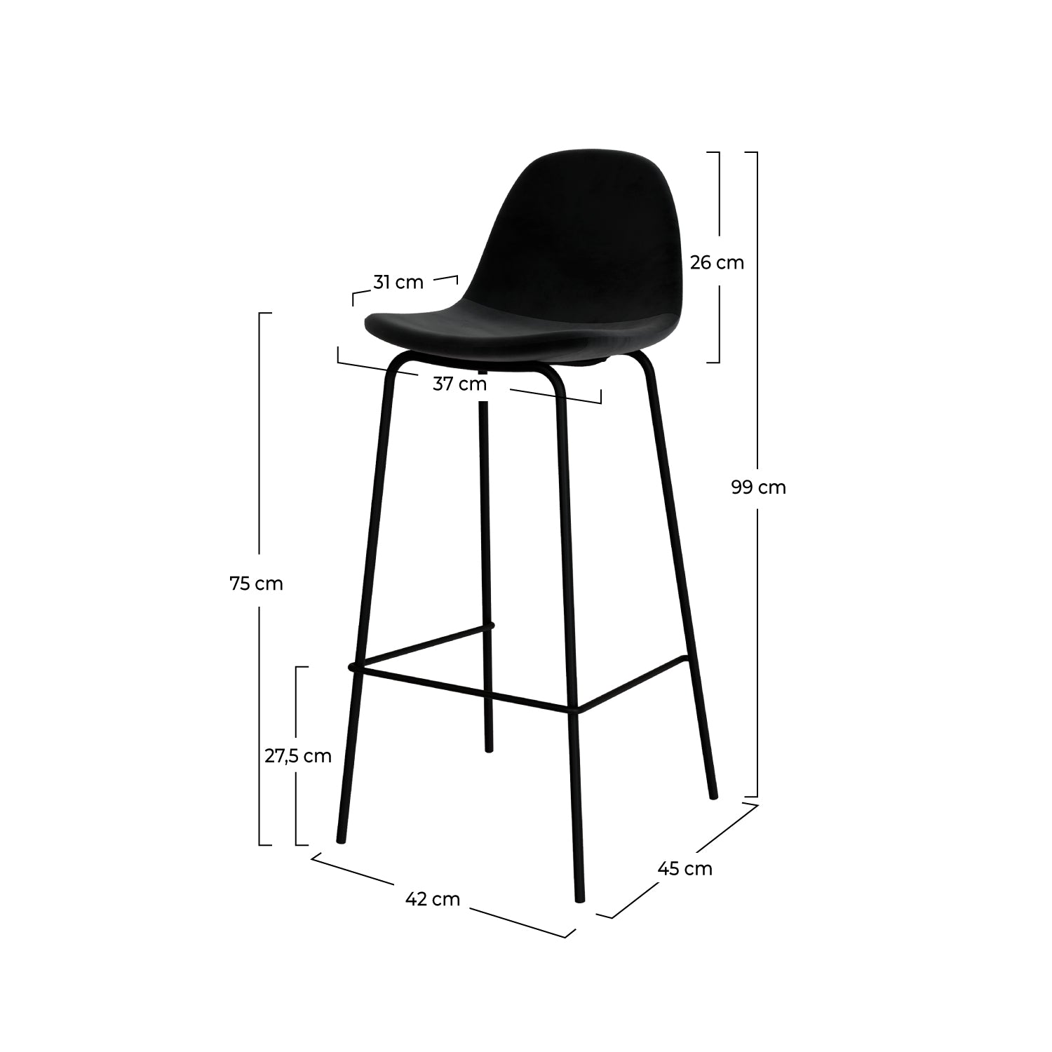 sedia da bar a mezza altezza in velluto nero henrik 75cm