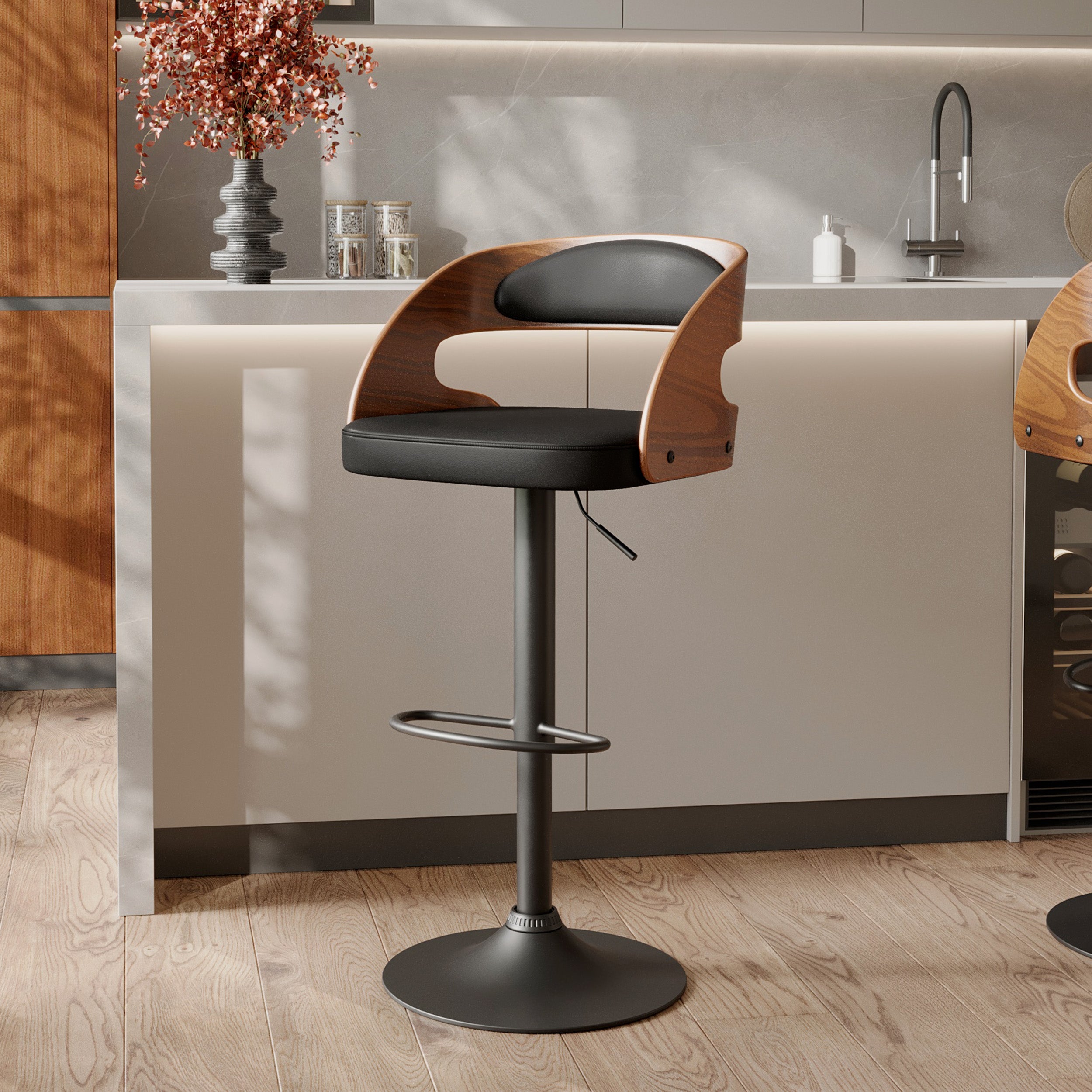 chaise de bar pu noir bois reglable louis