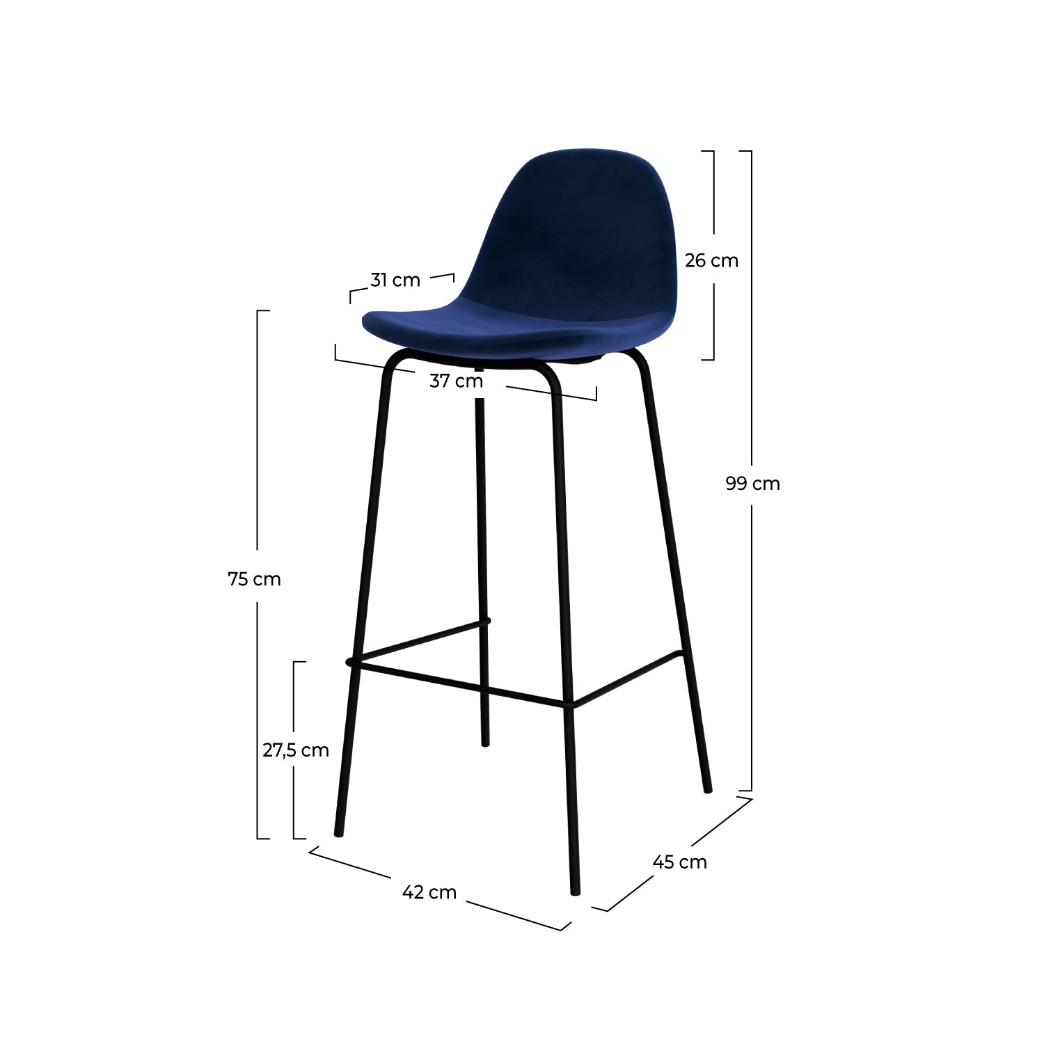 chaise de bar velours bleu henrik 75cm
                            