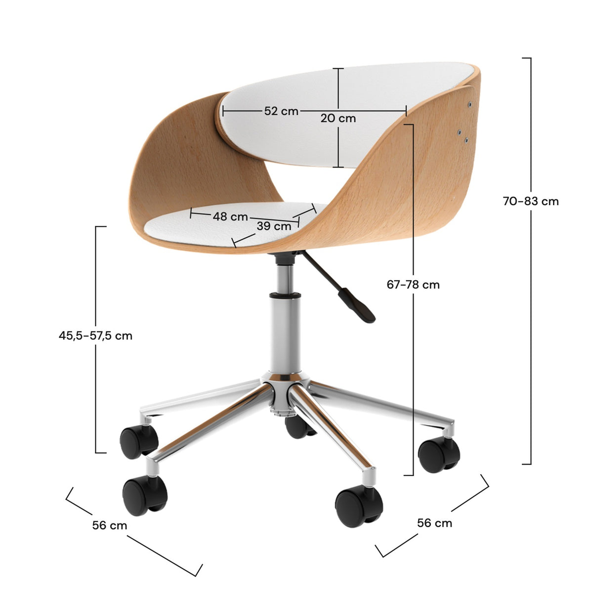 Chaise de bureau blanche et bois clair avec roulettes et pivotante – Maison Pavane