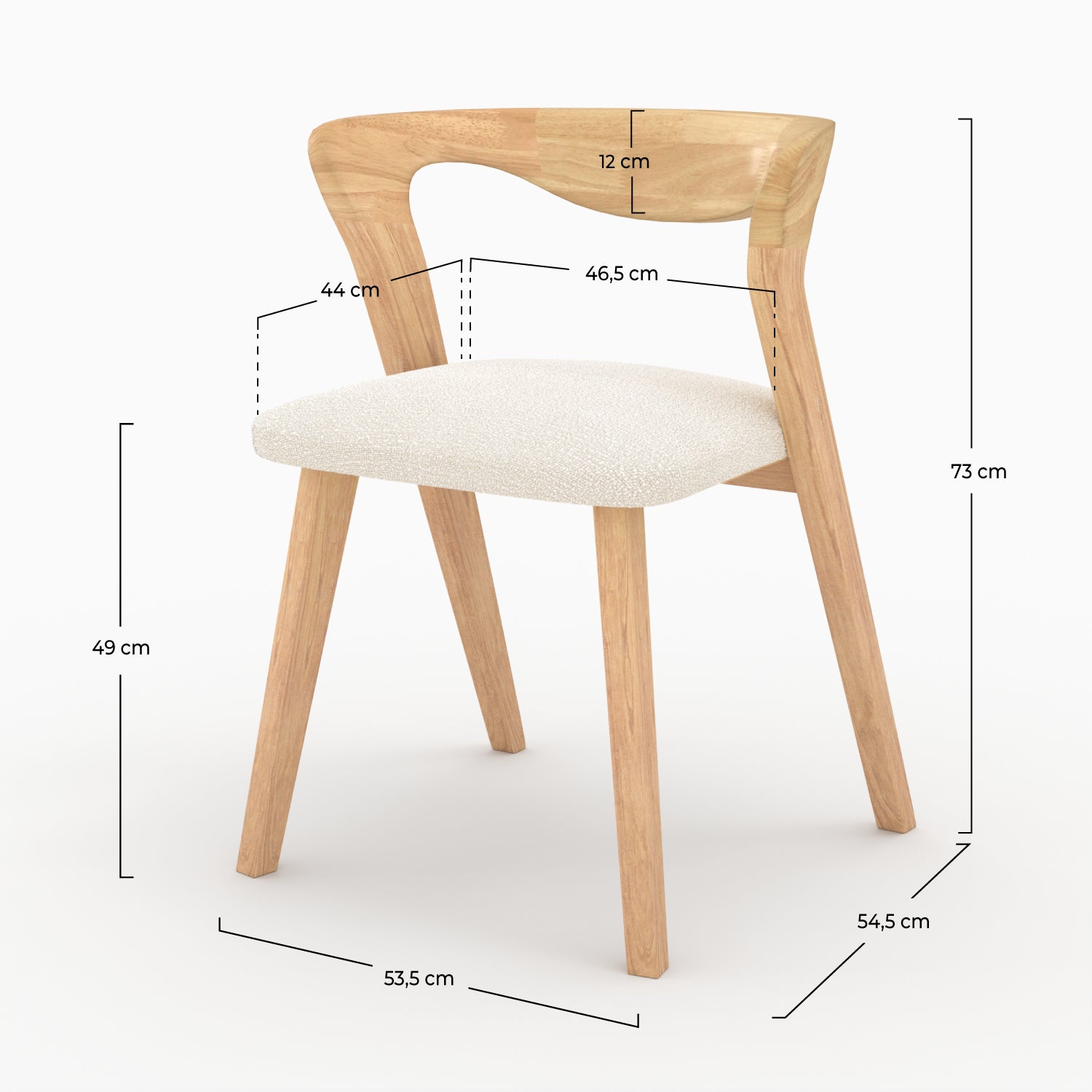 sedia in legno di hevea chiaro tessuto boucle crema vega