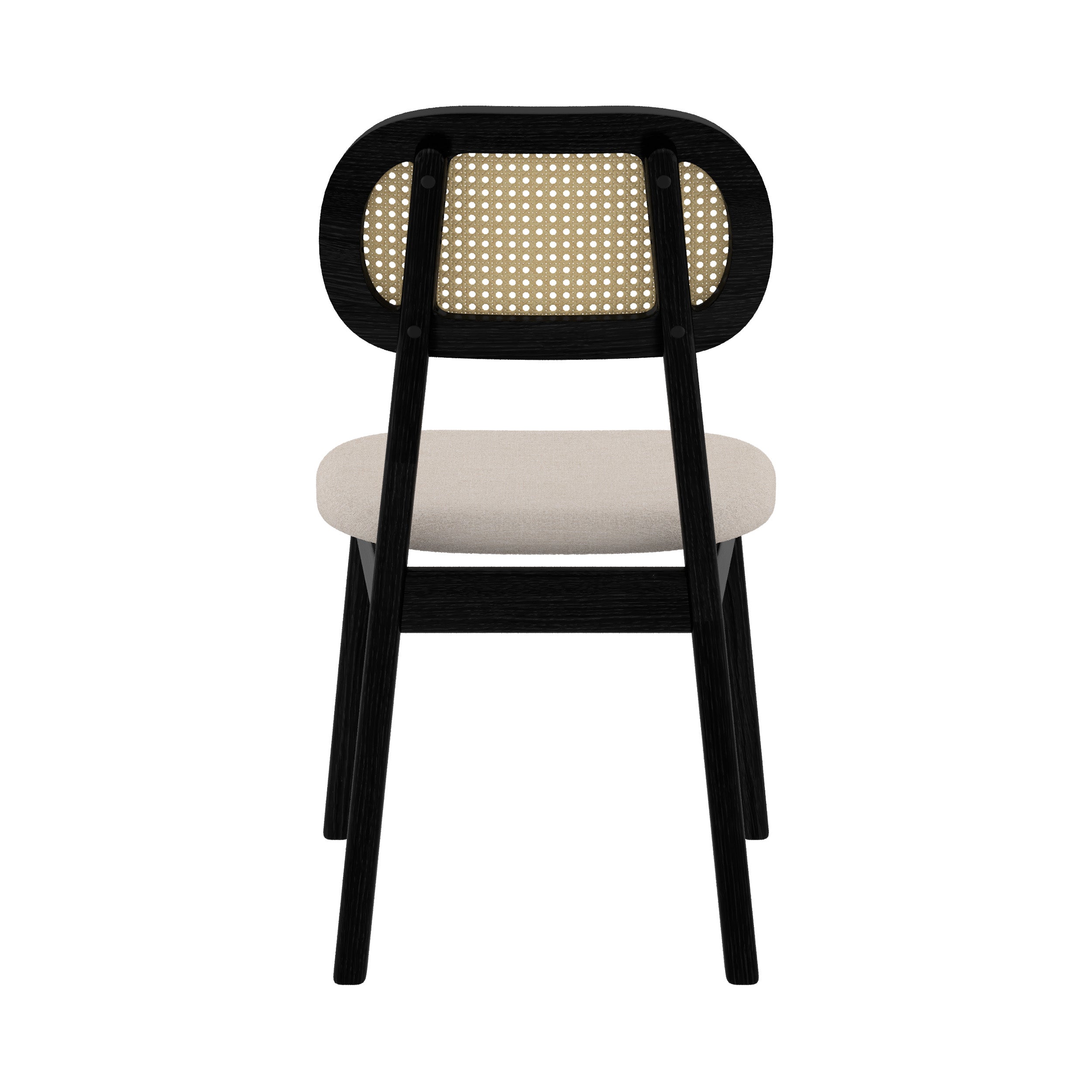sedia in legno nero con seduta in tessuto beige e schienale in rattan maria