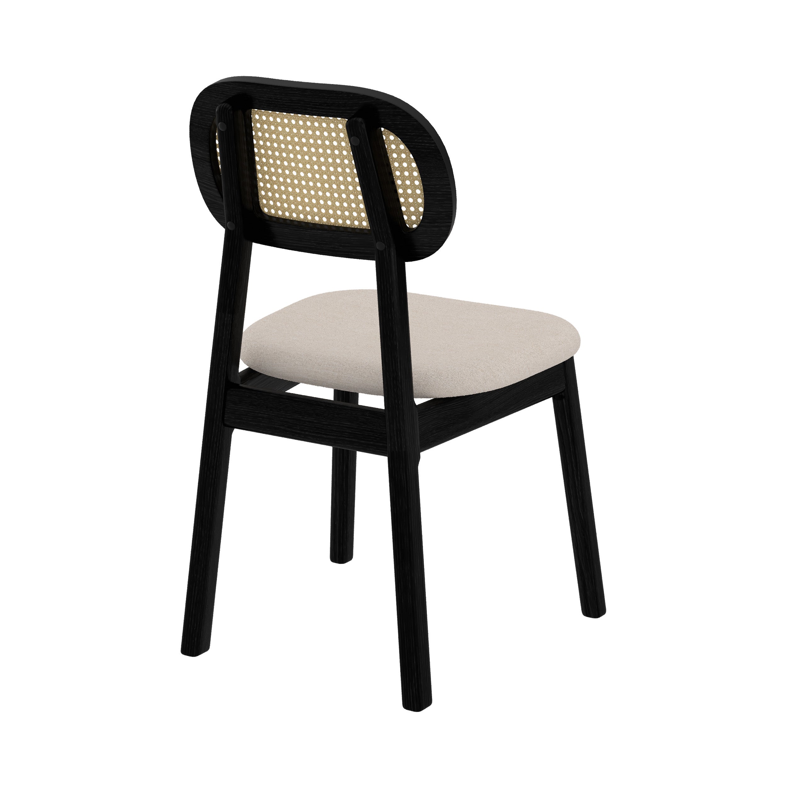 sedia in legno nero maria seduta in tessuto beige schienale in rattan