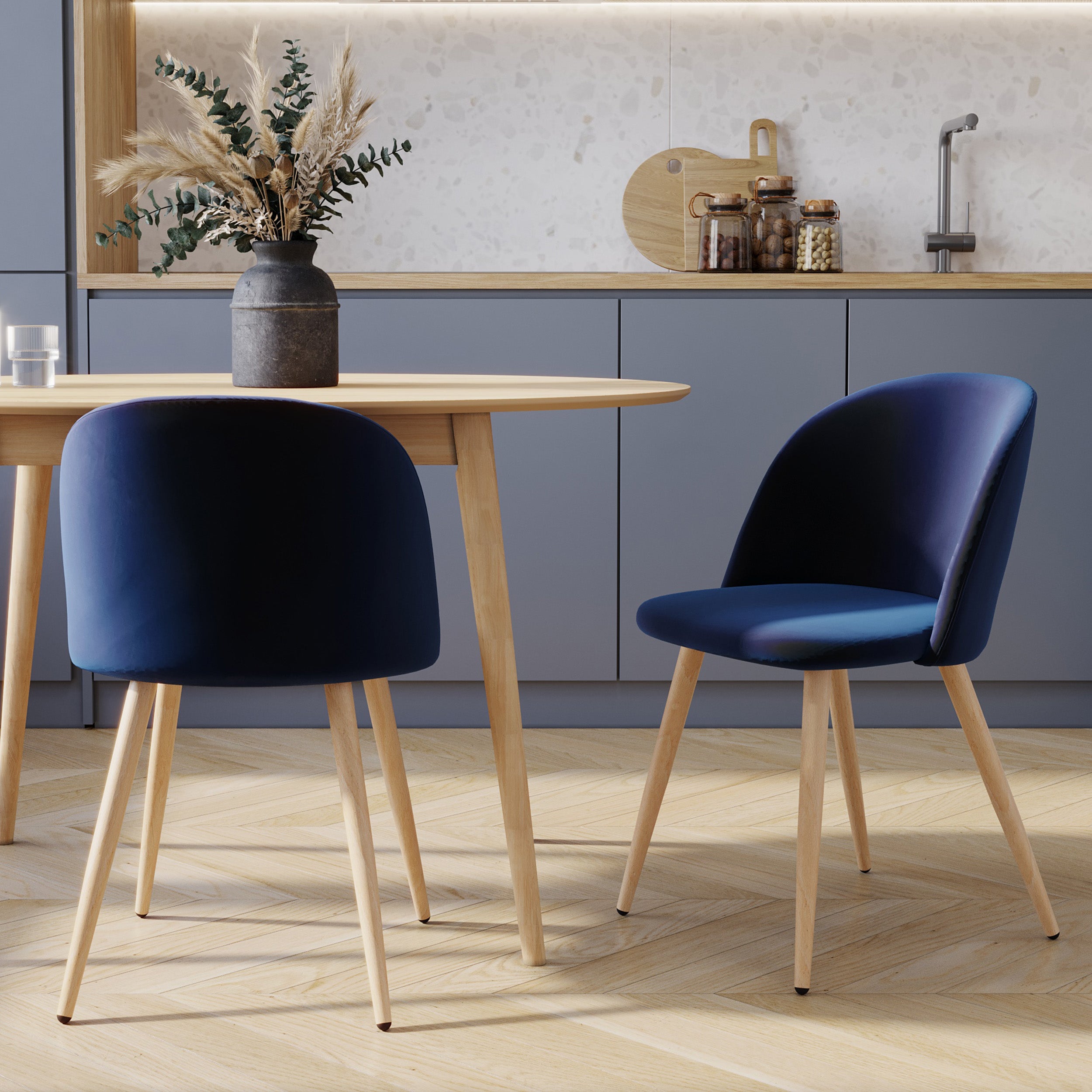 sedia in velluto blu scuro piedi in legno, set da 2 cozy