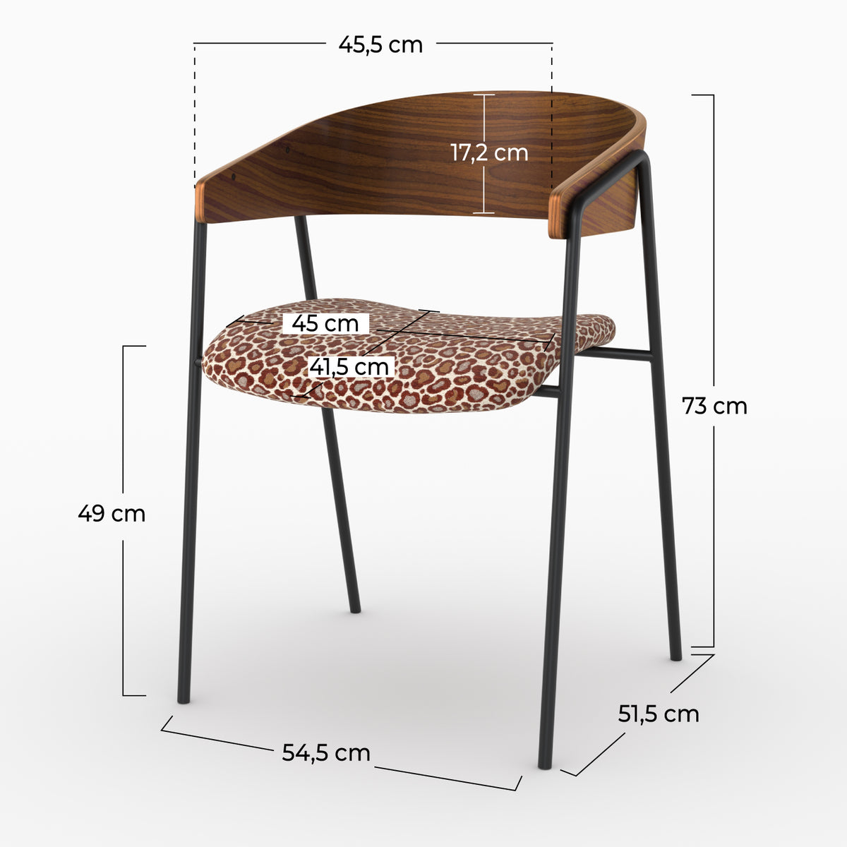 Dimensions de la chaise Esmée en tissu léopard bordeaux et bois de noyer - Maison Pavane