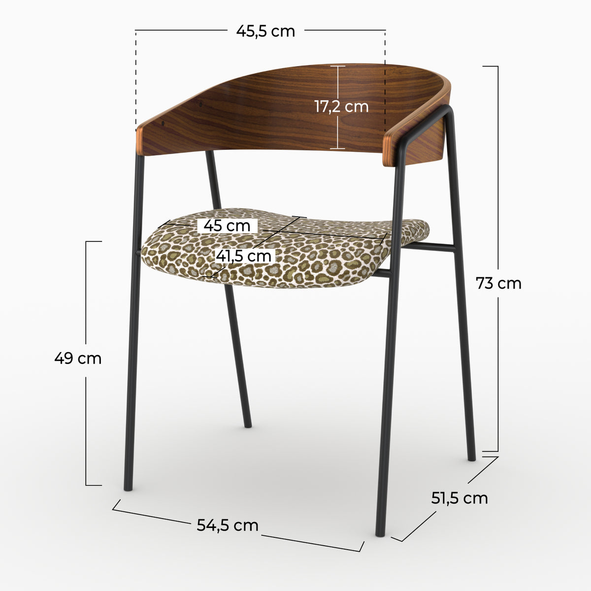 Dimensions de la chaise Esmée en tissu léopard vert kaki et bois de noyer - Maison Pavane