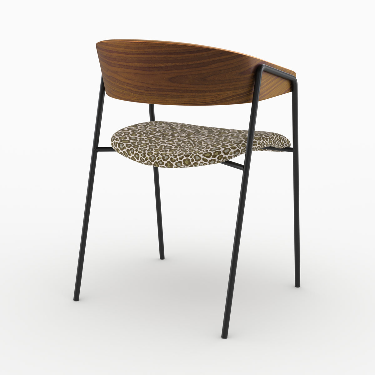 Chaise Esmée en tissu léopard vert kaki et bois de noyer, vue de trois-quarts arrière - Maison Pavane