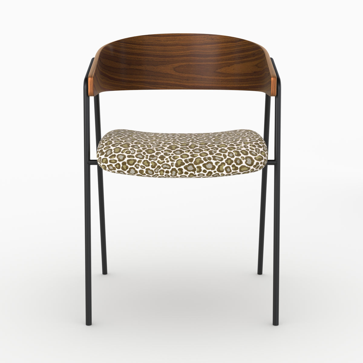Chaise Esmée en tissu léopard vert kaki et bois de noyer, vue de face - Maison Pavane