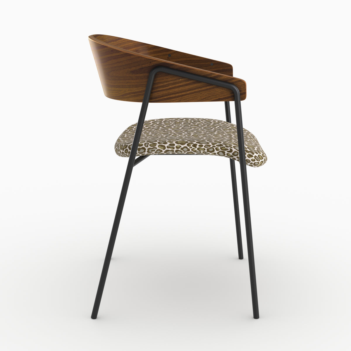 Chaise Esmée en tissu léopard vert kaki et bois de noyer, vue de profil - Maison Pavane