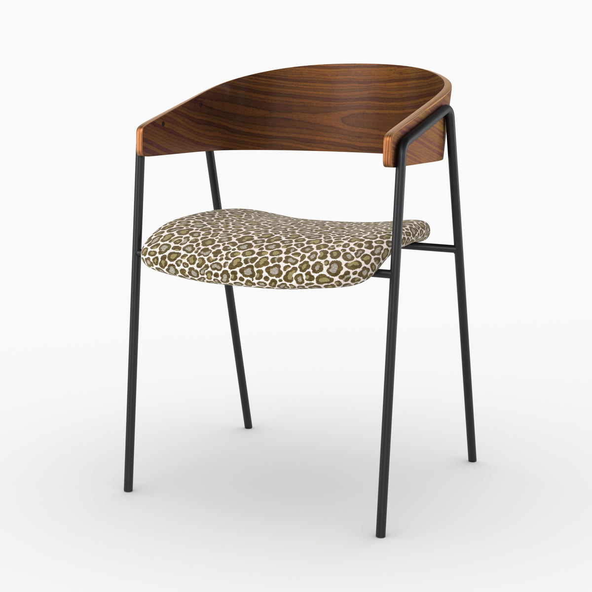 Chaise Esmée en tissu léopard vert kaki et bois de noyer, vue de trois-quarts - Maison Pavane