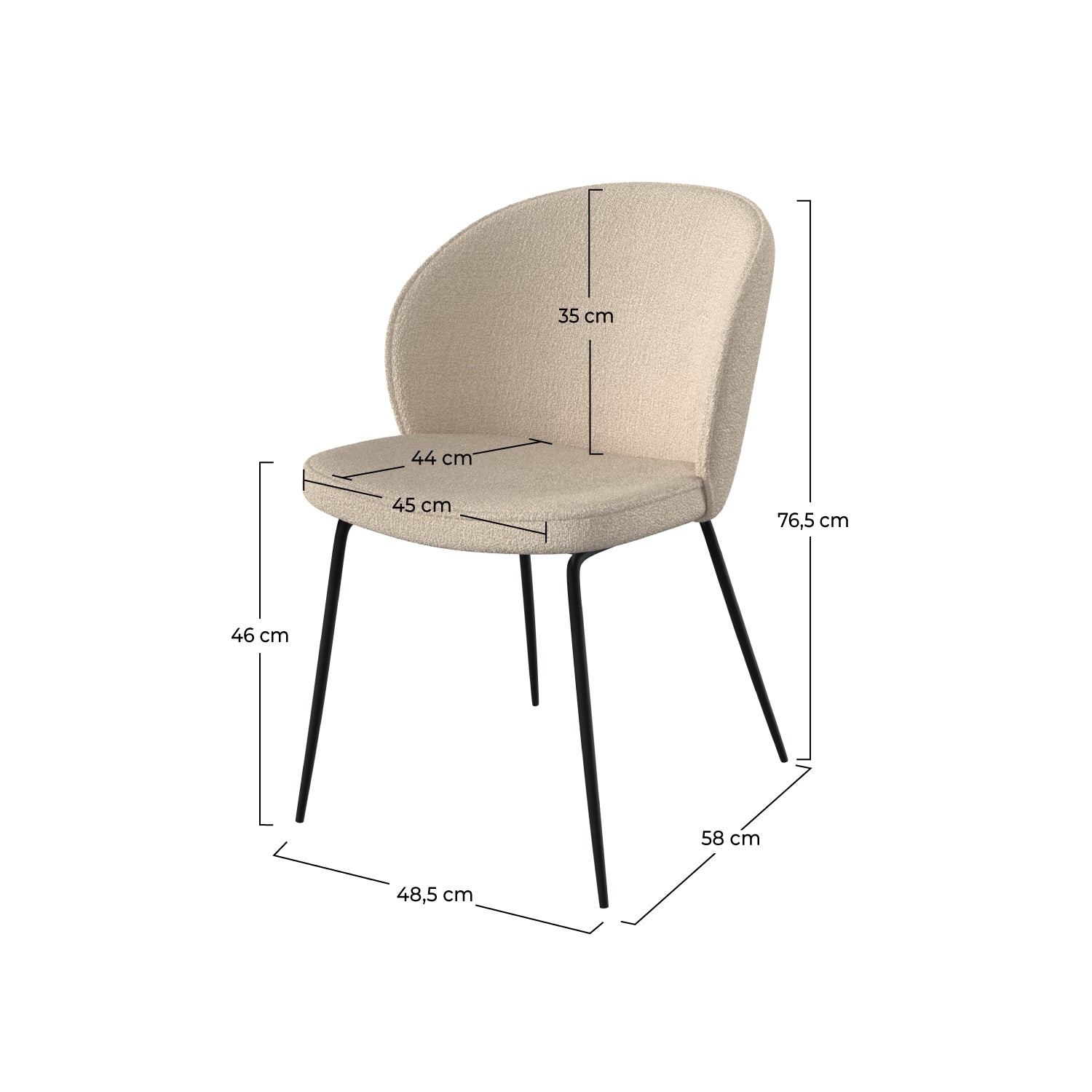 sedia groom tessuto bouclè beige gambe in metallo nero set di 2