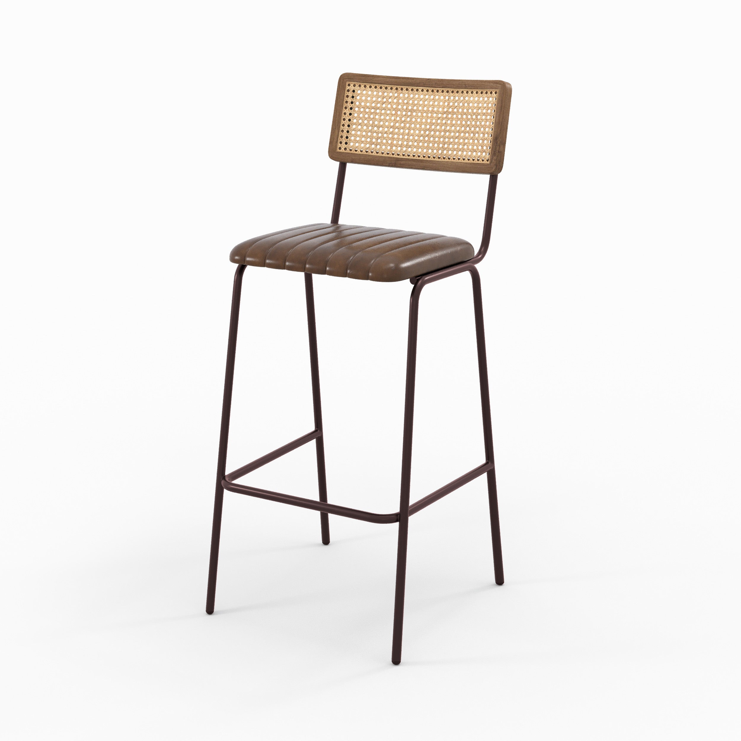 Chaise haute de bar Arsène en cuir marron, vue de trois quarts droit - Maison Pavane