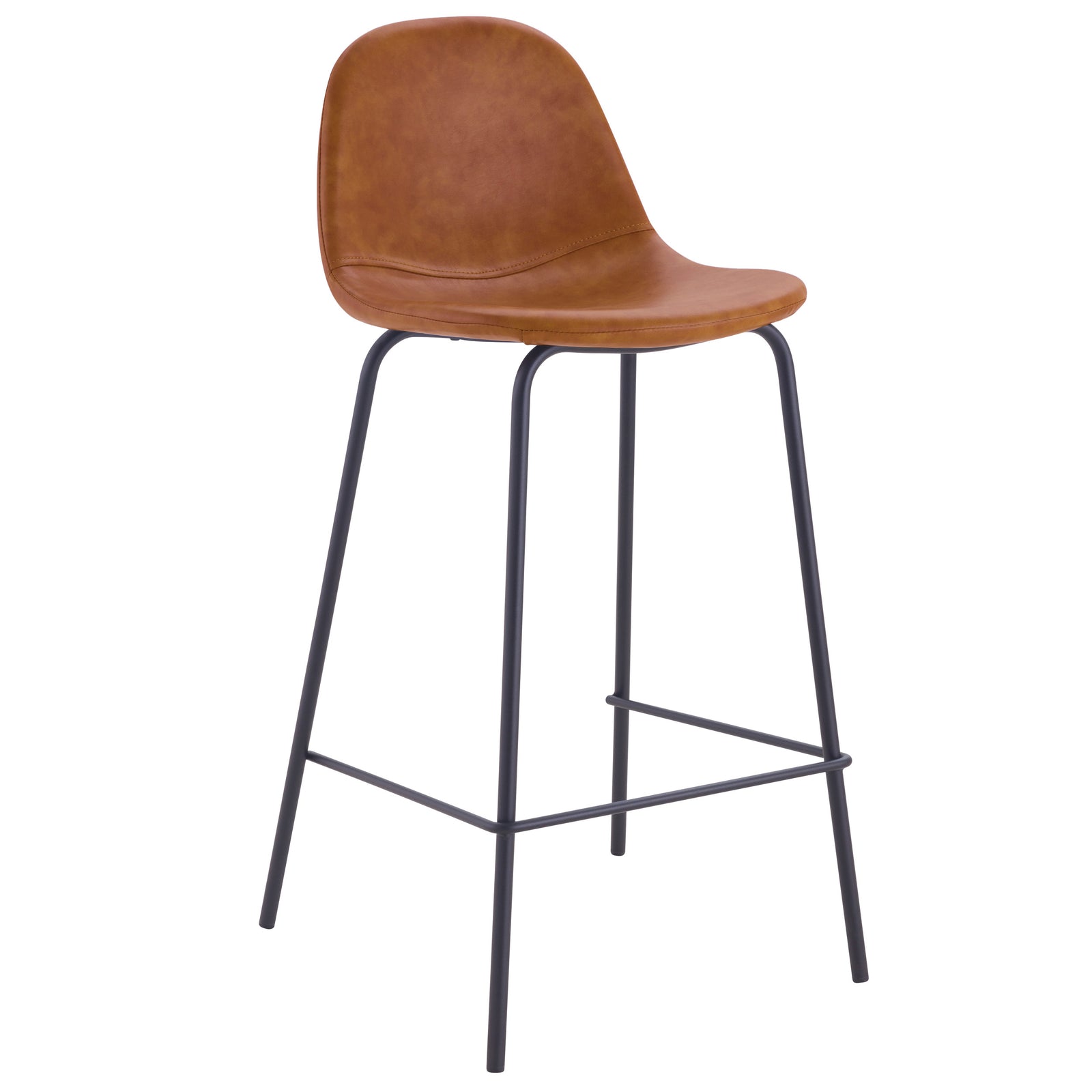 Chaise haute en cuir synthétique camel et piètement en métal noir vue trois-quarts - Maison Pavane