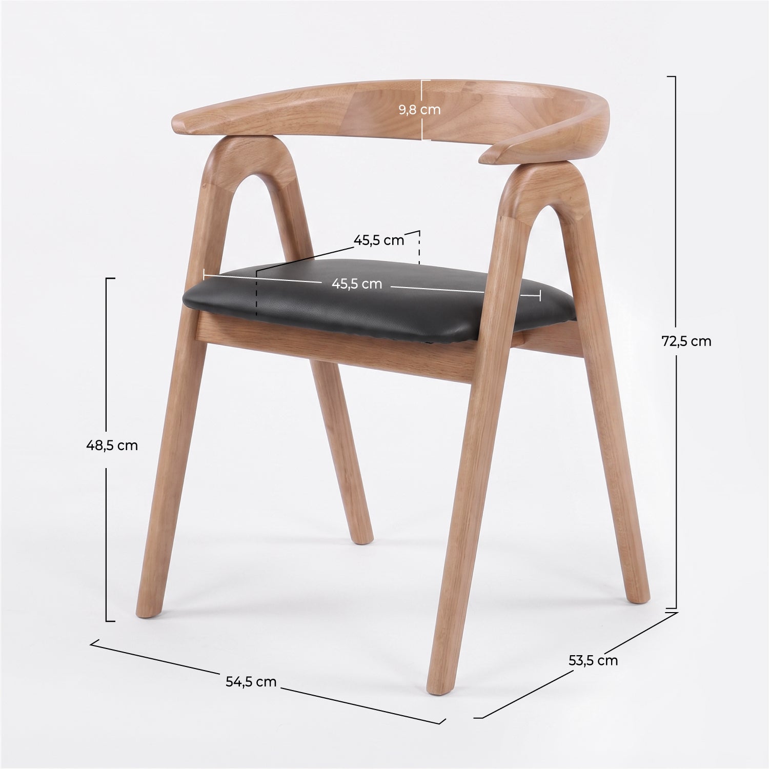 Dimensions de la chaise Hawa en bois d'hévéa blond et cuir synthétique noir - Maison Pavane