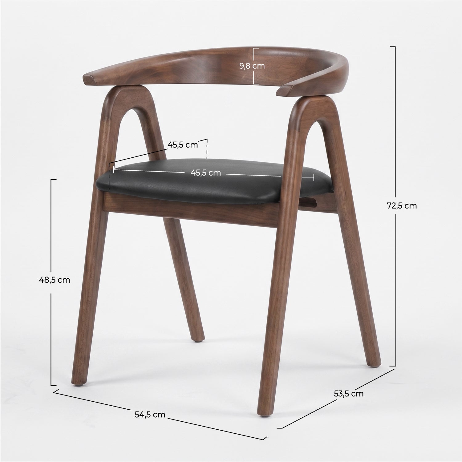 Dimensions de la chaise Hawa en bois d'hévéa marron et cuir synthétique noir - Maison Pavane
