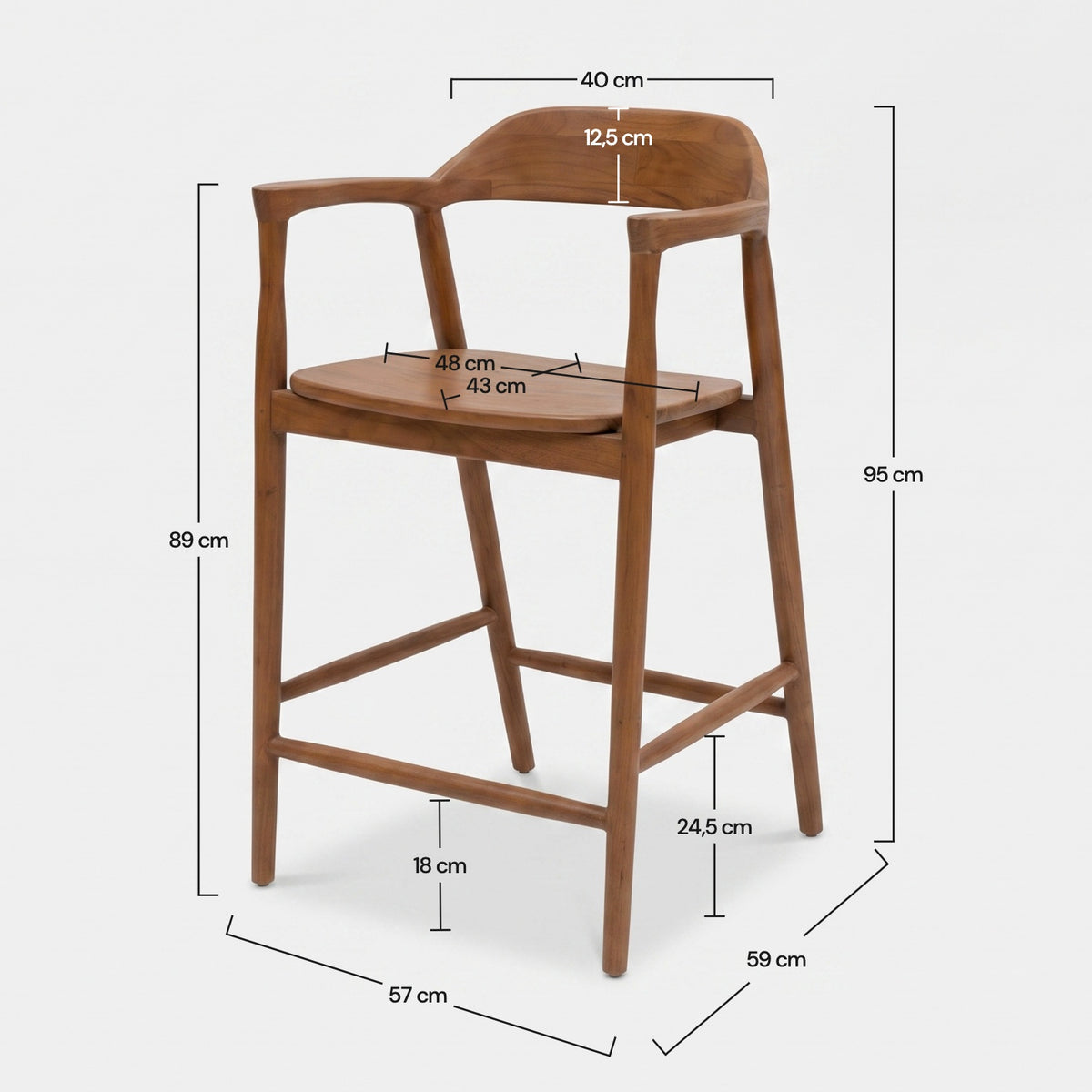 Dimensions de la chaise pour îlot central Céline en bois de teck massif 66,5 cm - Maison Pavane
