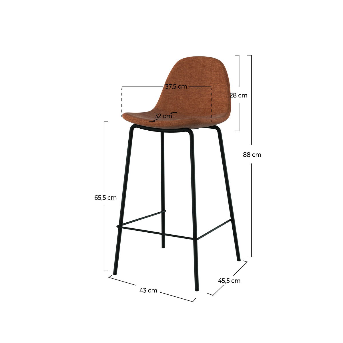 Dimensions de la chaise pour îlot central Henrik en tissu terracotta et pieds en métal noir - Maison Pavane