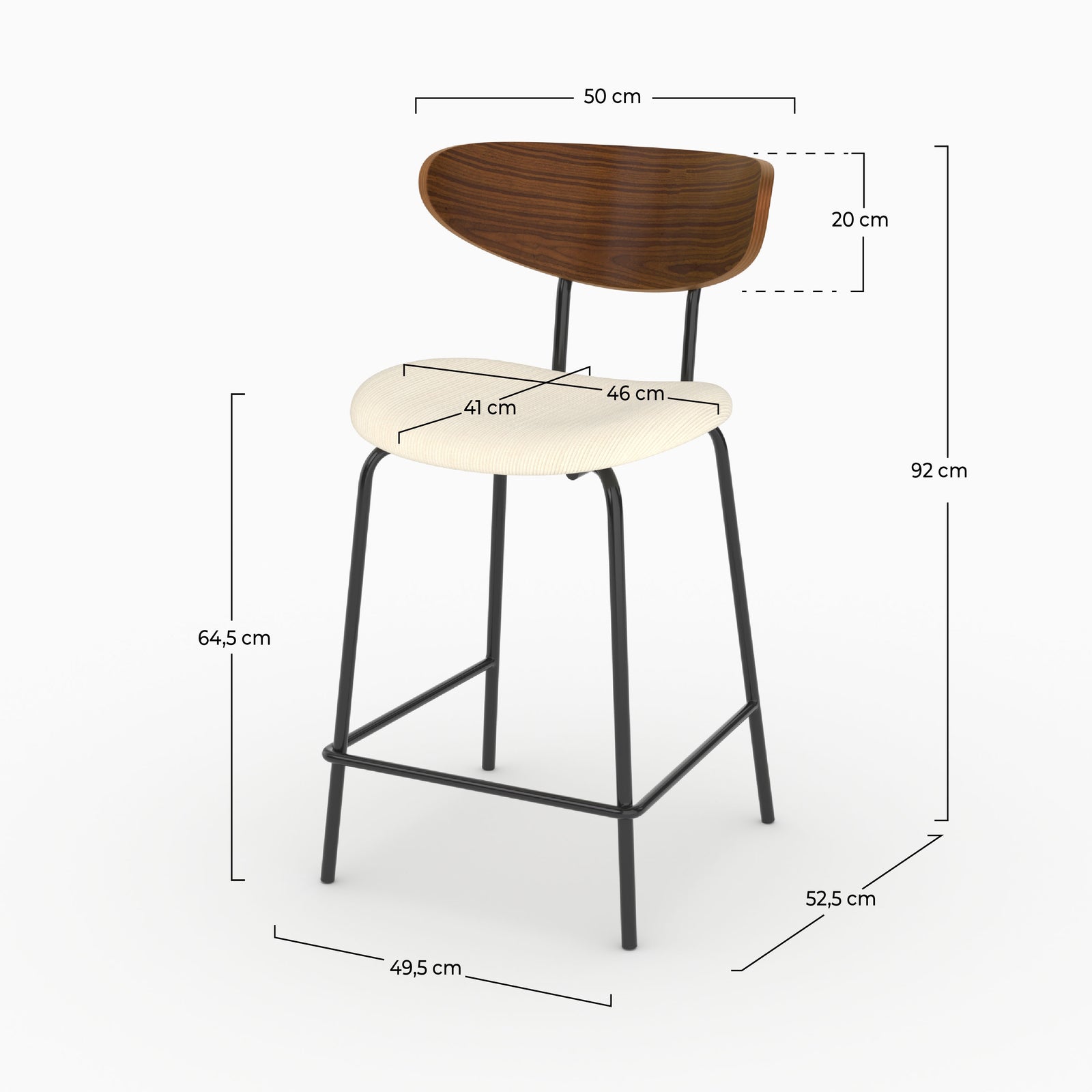 Dimensions de la chaise pour îlot central Jade en velours côtelé blanc crème, assise 64,5 cm - Maison Pavane