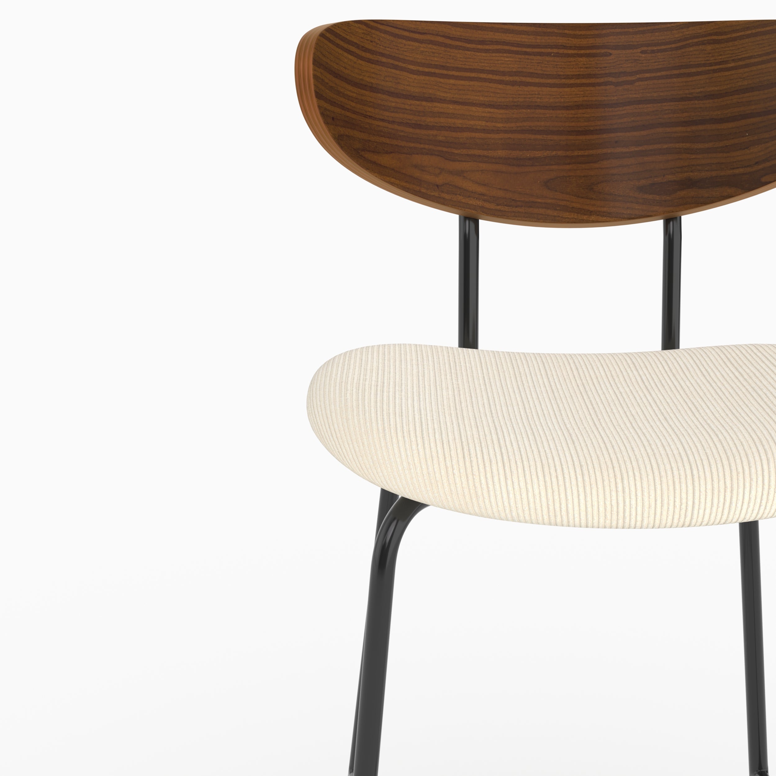 Détail de l'assise en velours côtelé blanc crème et du dossier en bois de la chaise pour îlot central Jade - Maison Pavane