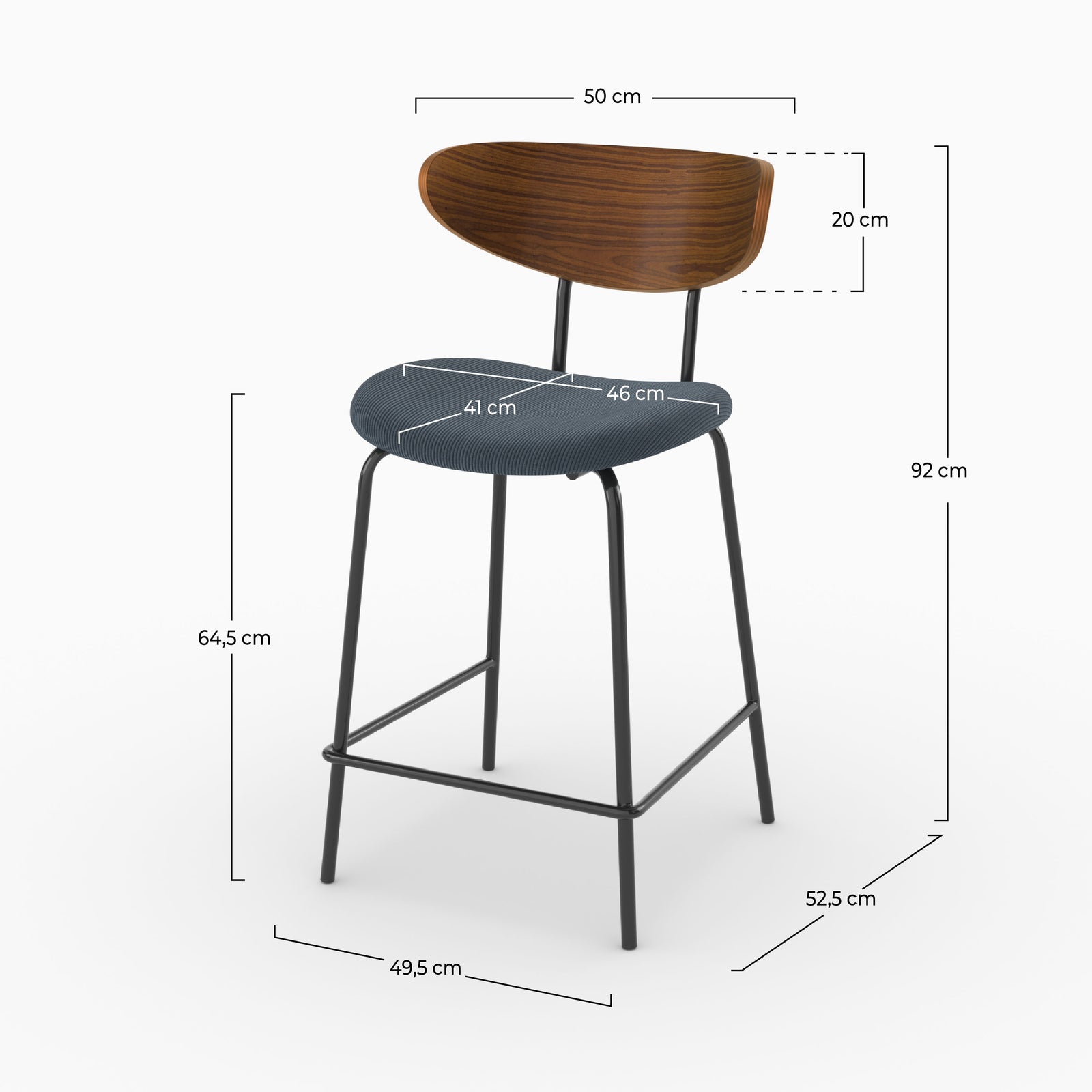 Dimensions de la chaise pour îlot central Jade en velours côtelé bleu marine, assise 64,5 cm - Maison Pavane