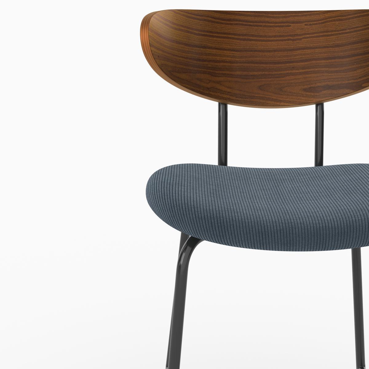 Détail de l'assise en velours côtelé bleu marine et du dossier en bois de la chaise pour îlot central Jade - Maison Pavane