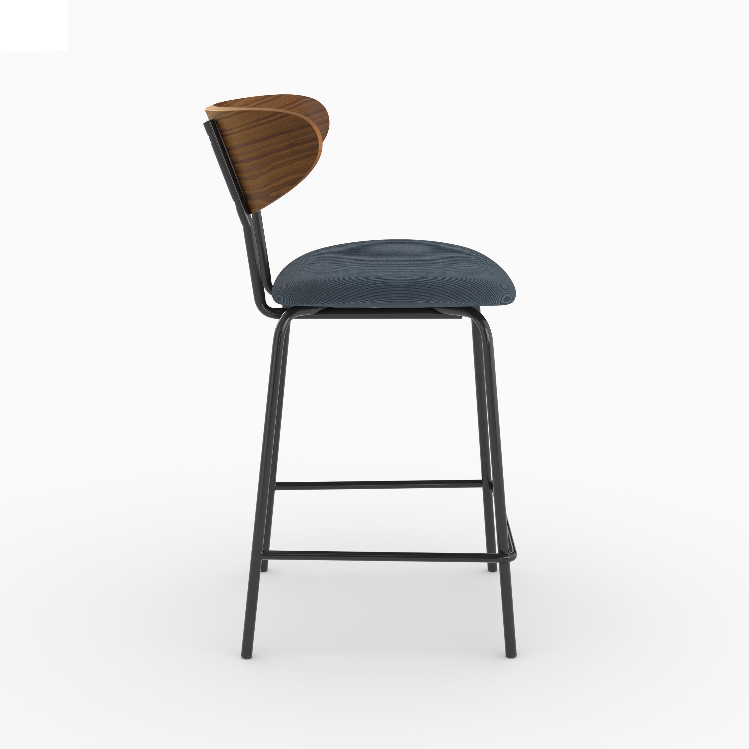 Chaise pour îlot central Jade en velours côtelé bleu marine, vue de profil avec repose-pieds - Maison Pavane