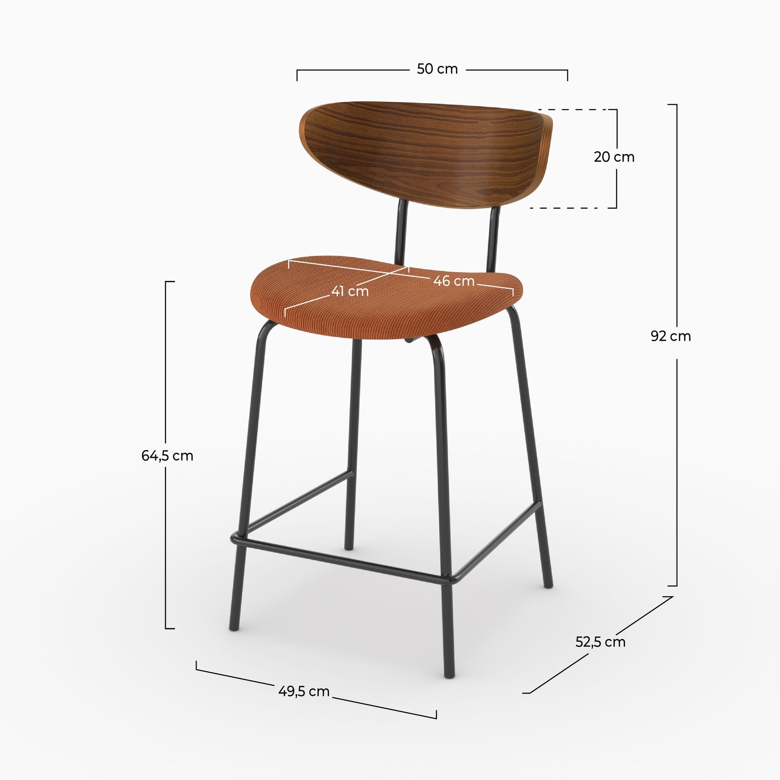 Dimensions de la chaise pour îlot central Jade en velours côtelé terracotta, assise 64,5 cm - Maison Pavane