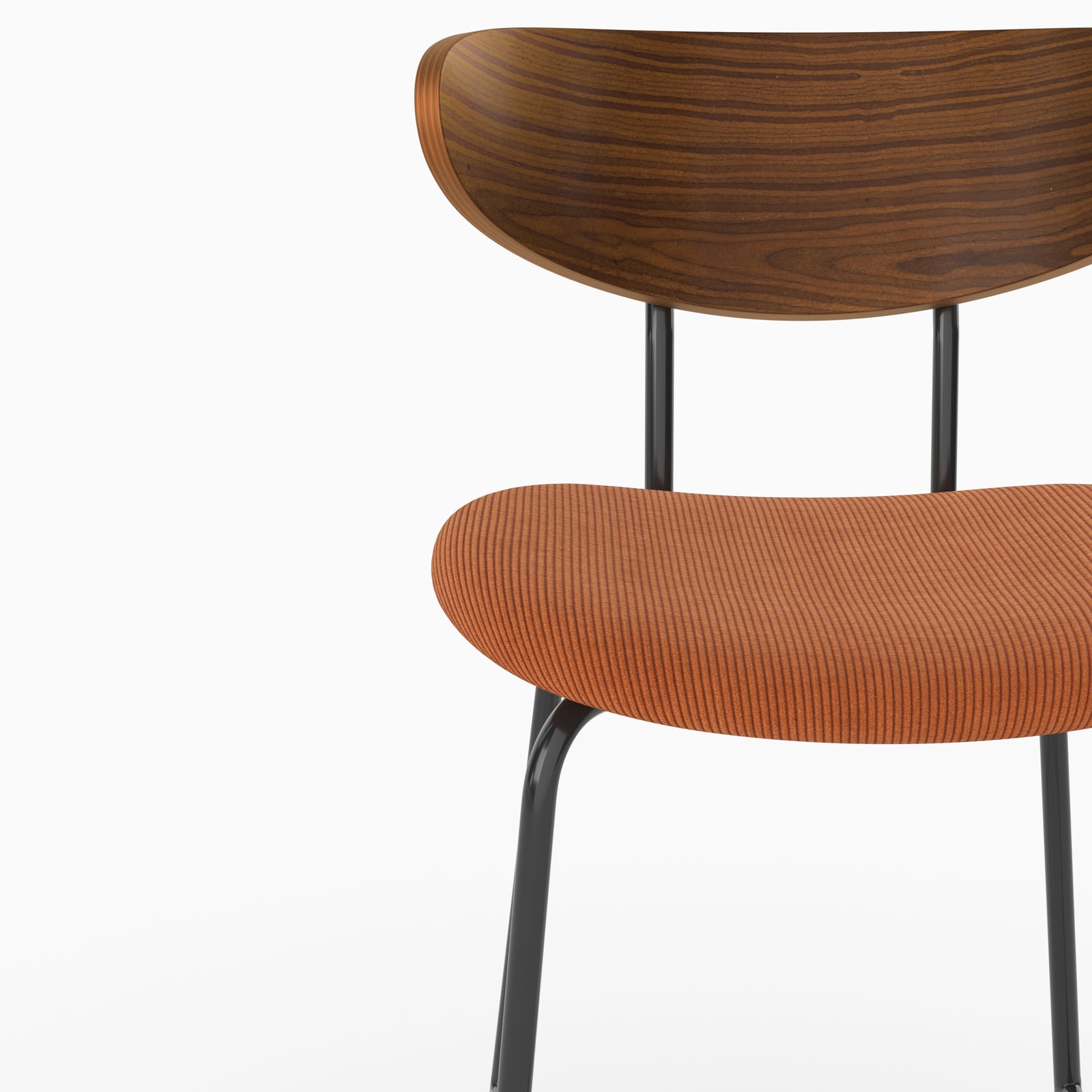 Détail de l'assise en velours côtelé terracotta et du dossier en bois de la chaise pour îlot central Jade - Maison Pavane