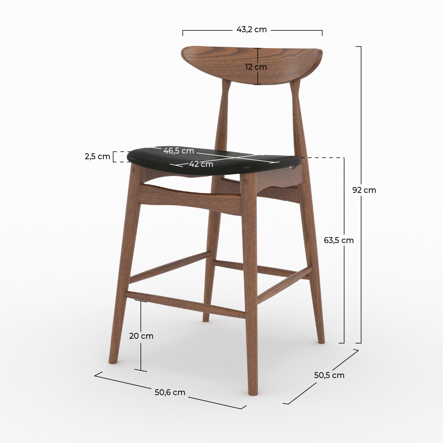 Lot de 2 chaises pour ilot central Josette 63,5 cm en cuir synthétique noir et bois d'hévéa