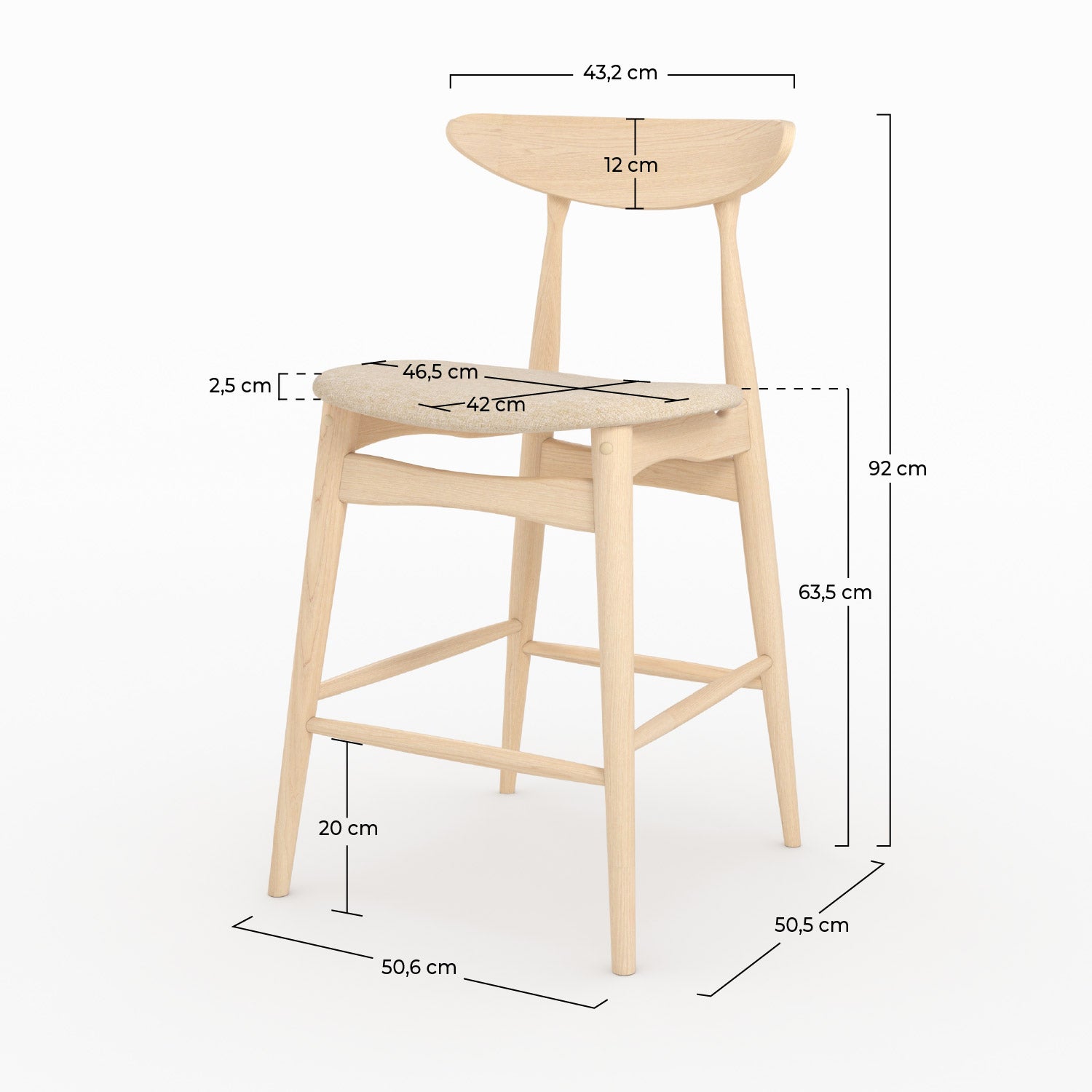 Lot de 2 chaises pour ilot central Josette 63,5 cm en tissu beige et bois d'hévéa clair