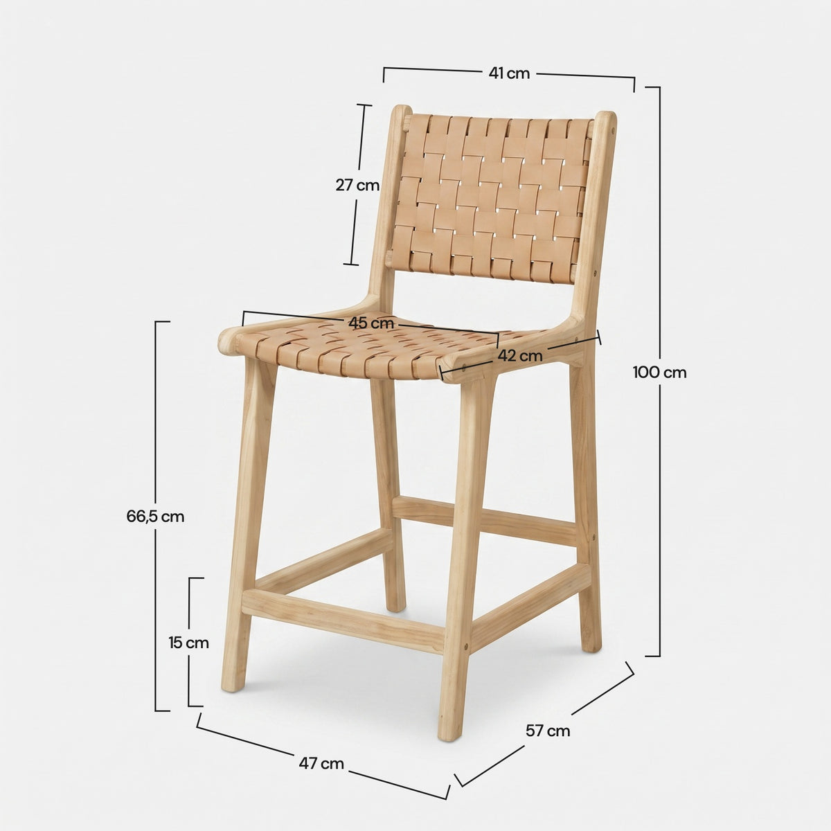 Dimensions de la chaise pour îlot central Kuna 66,5 cm en teck et cuir tressé beige - Maison Pavane