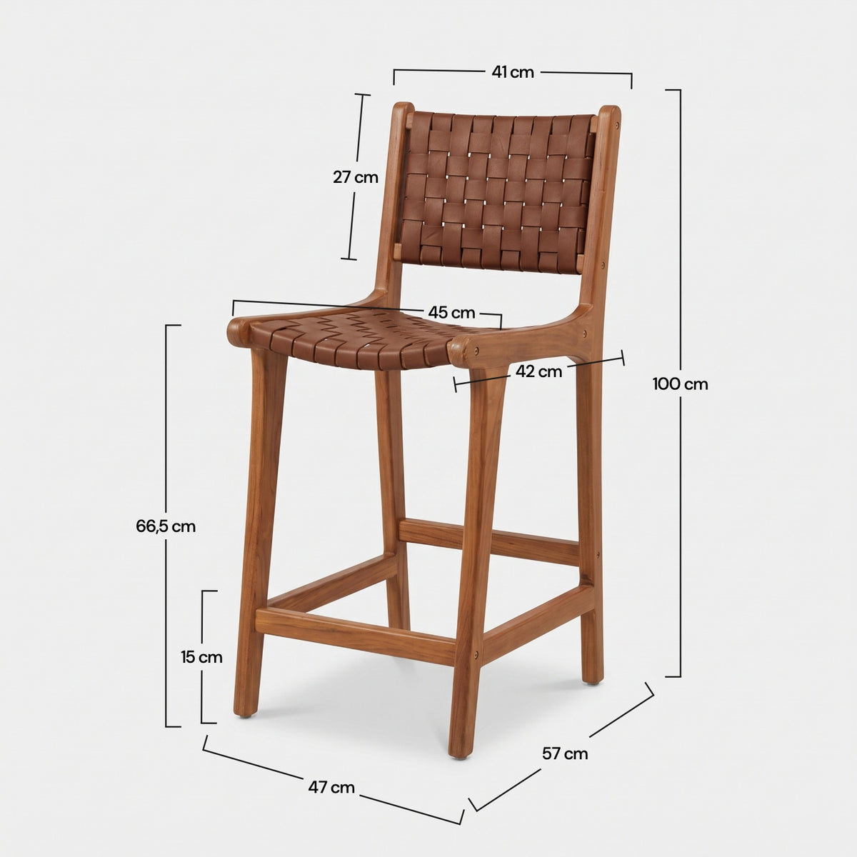Dimensions de la chaise pour îlot central Kuna 66,5 cm en teck et cuir tressé marron - Maison Pavane