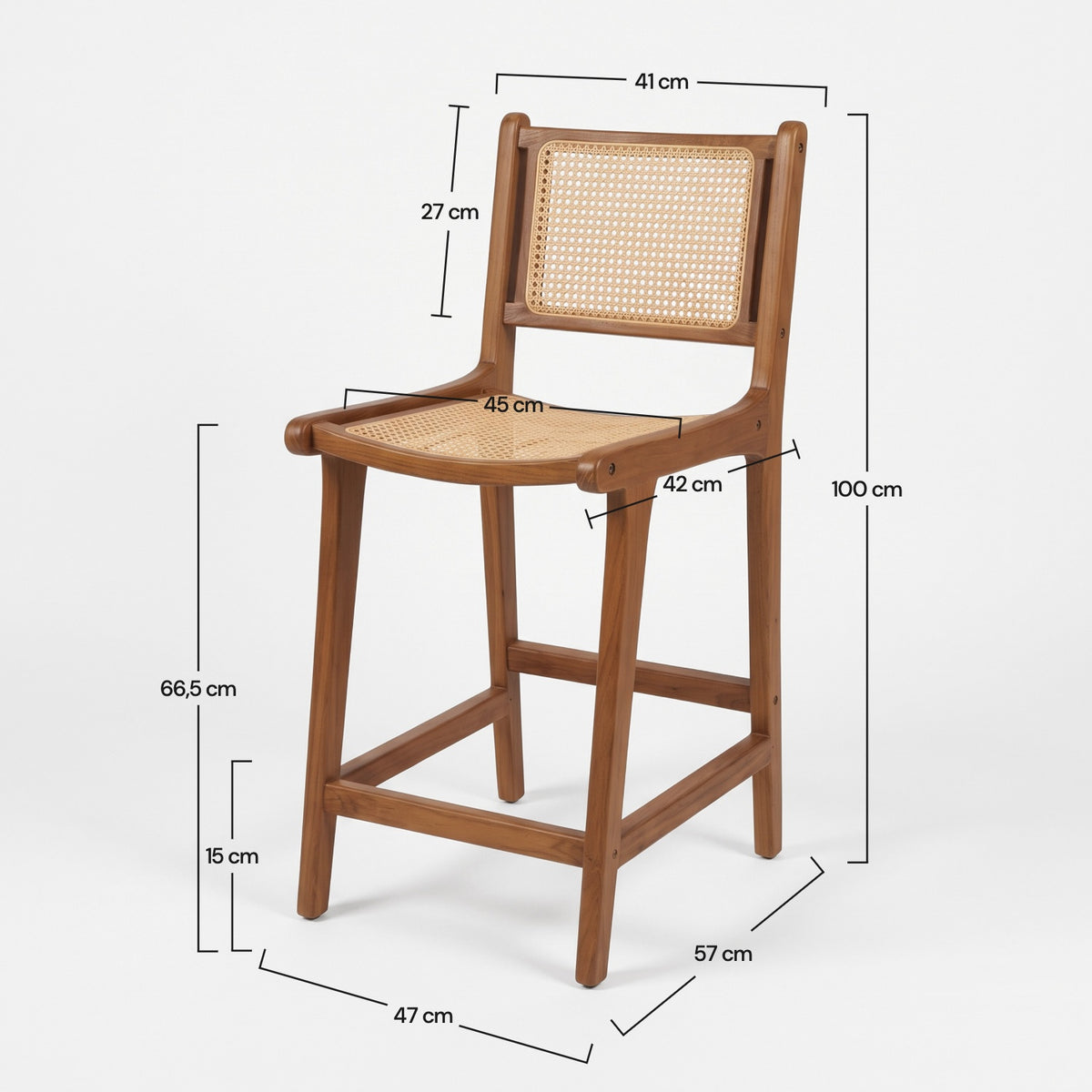 Dimensions de la chaise pour îlot central Kyla 66,5 cm en teck et cannage en rotin - Maison Pavane