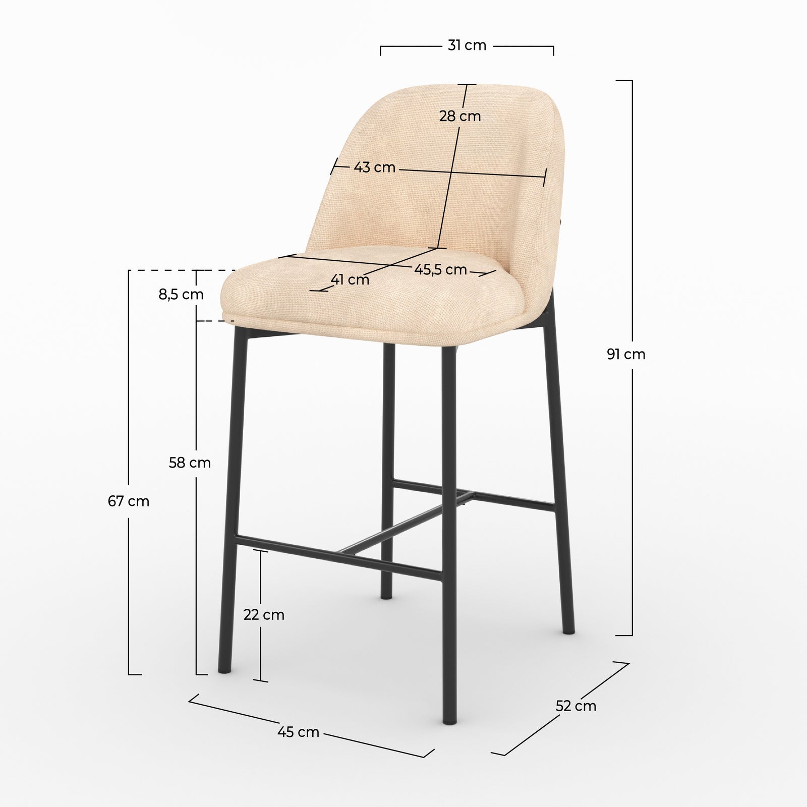 Dimensions de la chaise pour îlot central Noah en tissu beige, assise 67 cm - Maison Pavane
