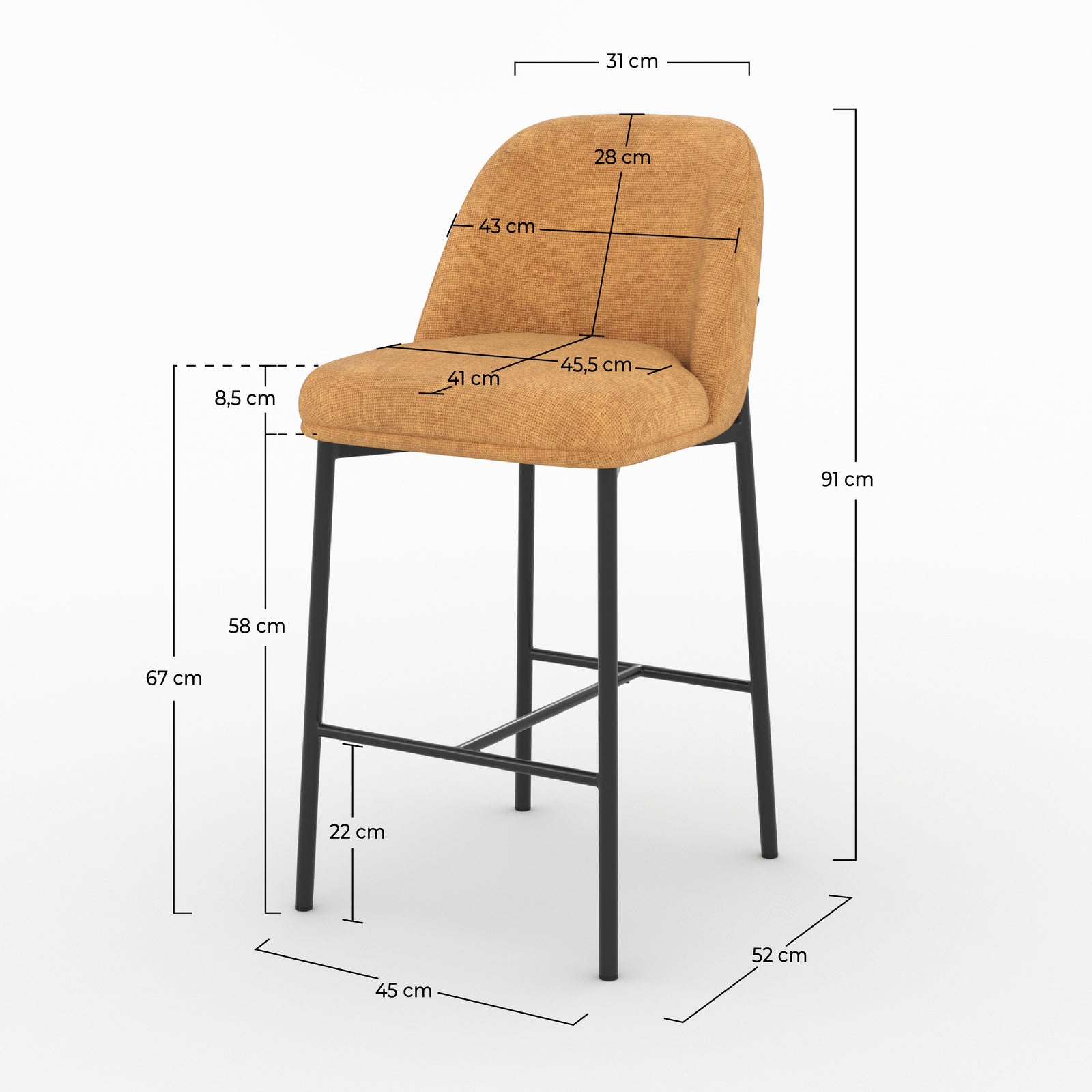 Dimensions de la chaise pour îlot central Noah en tissu jaune moutarde, assise 67 cm - Maison Pavane