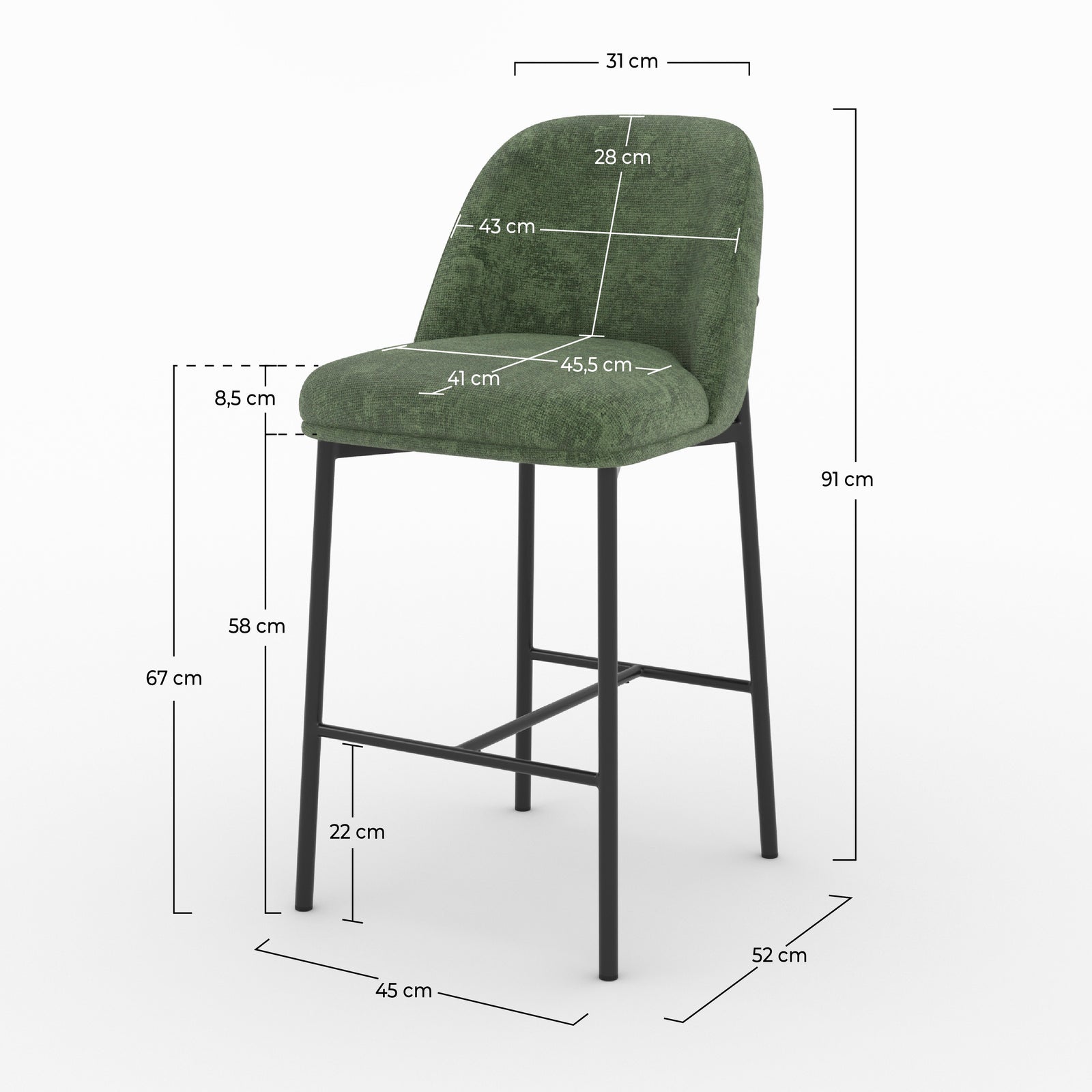 Dimensions de la chaise pour îlot central Noah en tissu vert sapin, assise 67 cm - Maison Pavane