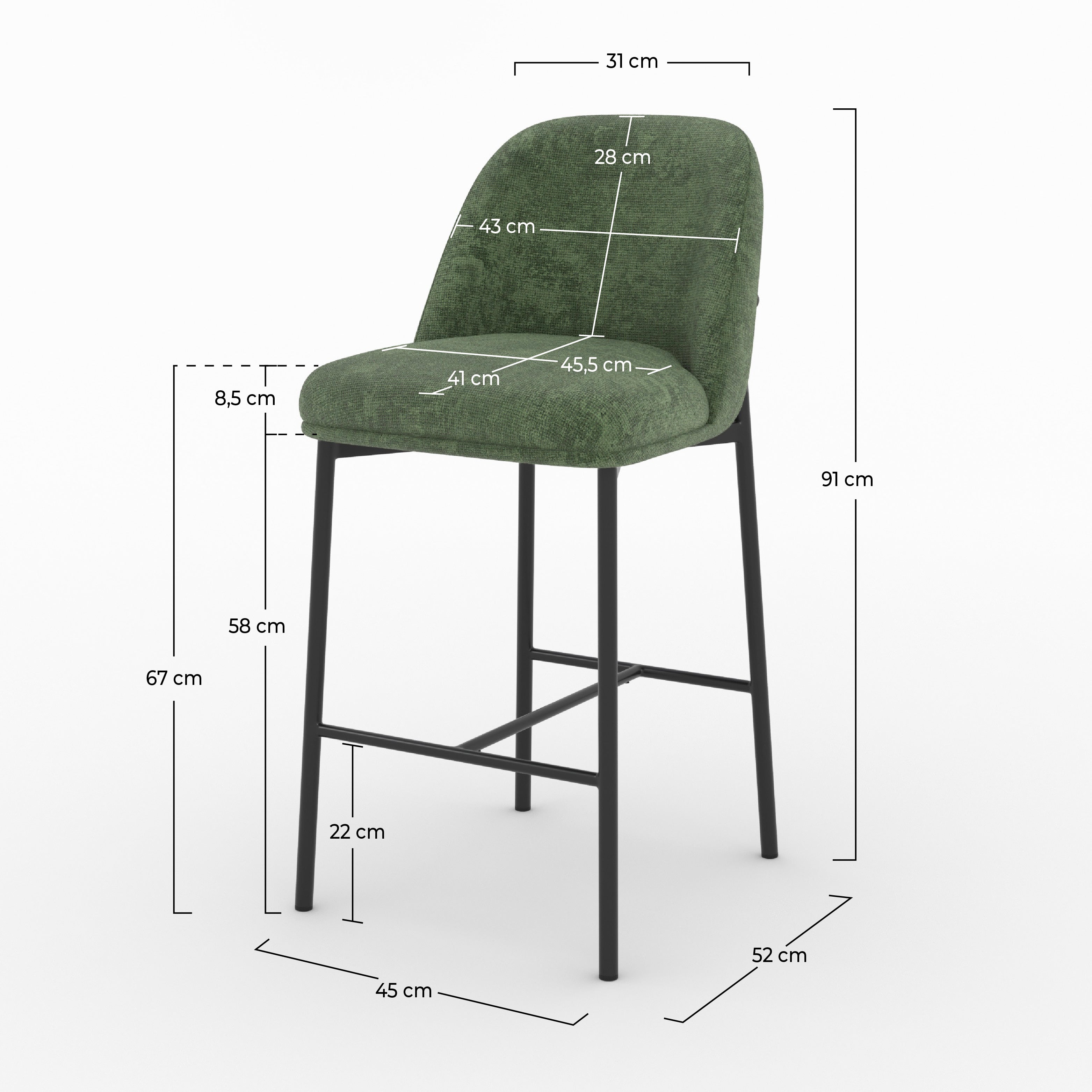 Dimensions de la chaise pour îlot central Noah en tissu vert sapin, assise 67 cm - Maison Pavane