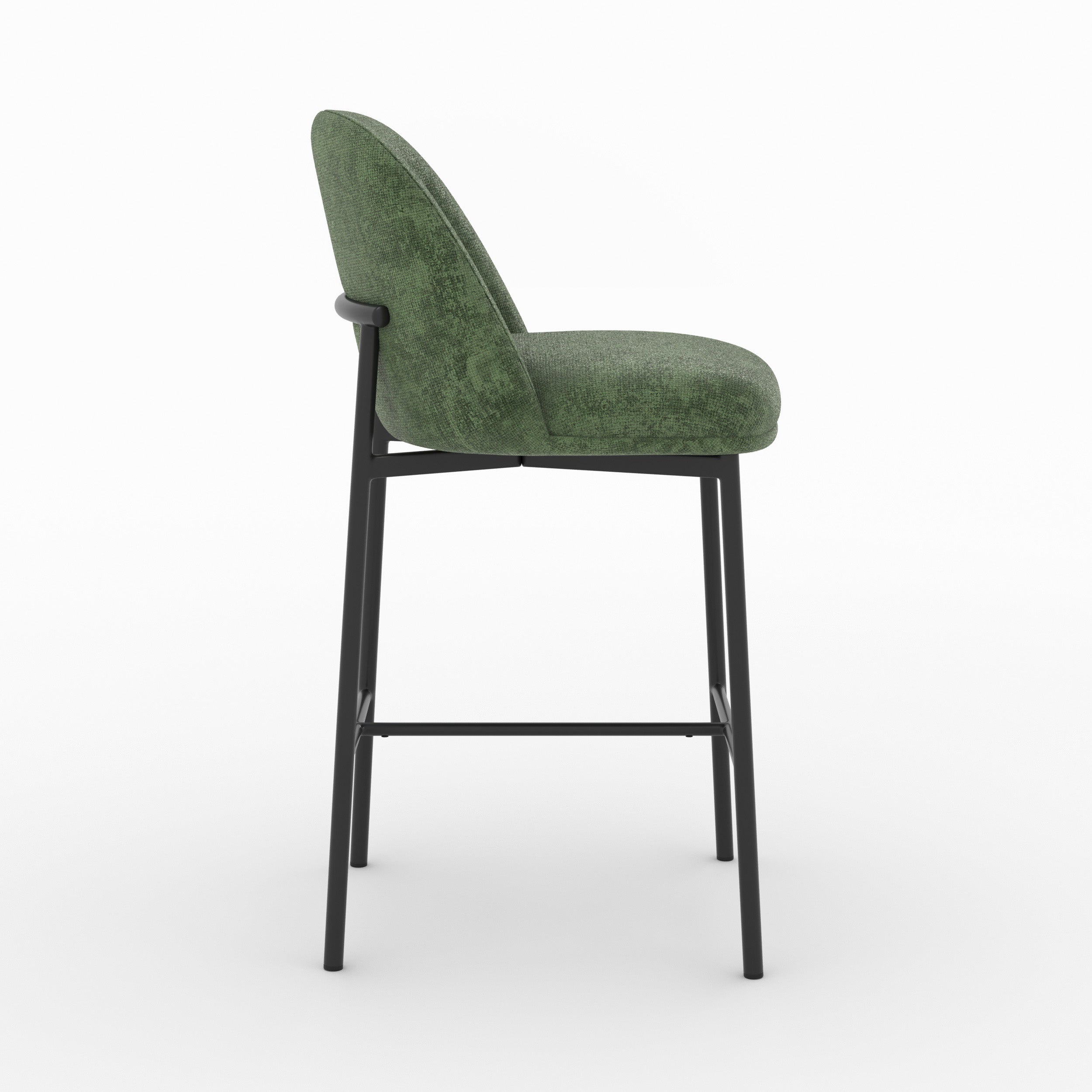 Chaise pour îlot central Noah en tissu vert sapin, vue de profil avec repose-pieds - Maison Pavane