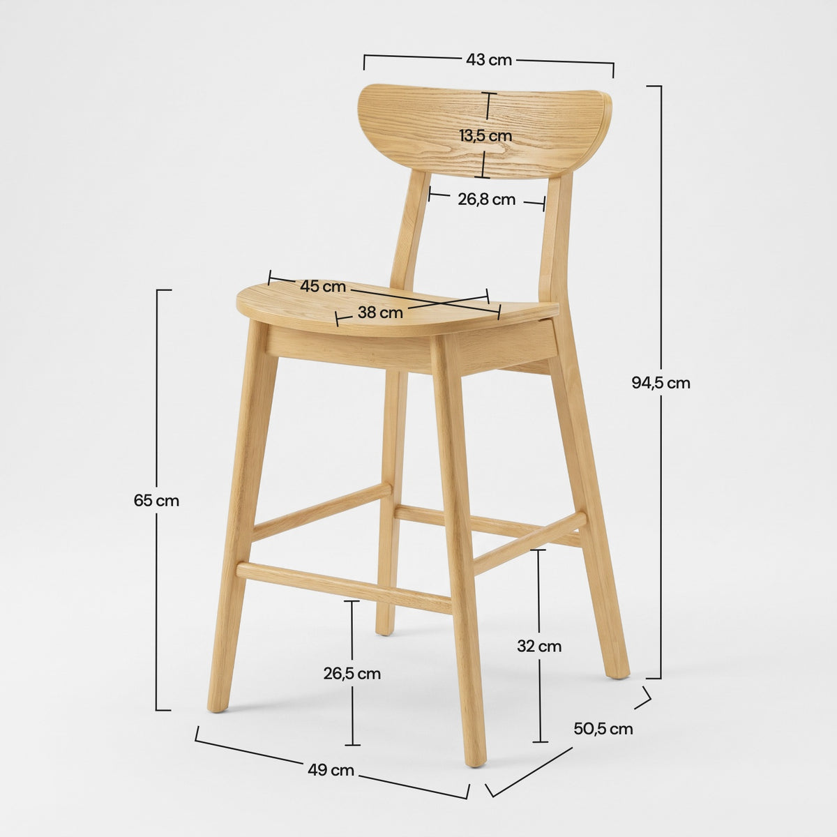 Dimensions de la chaise pour îlot central Tabata 65 cm en bois clair - Maison Pavane