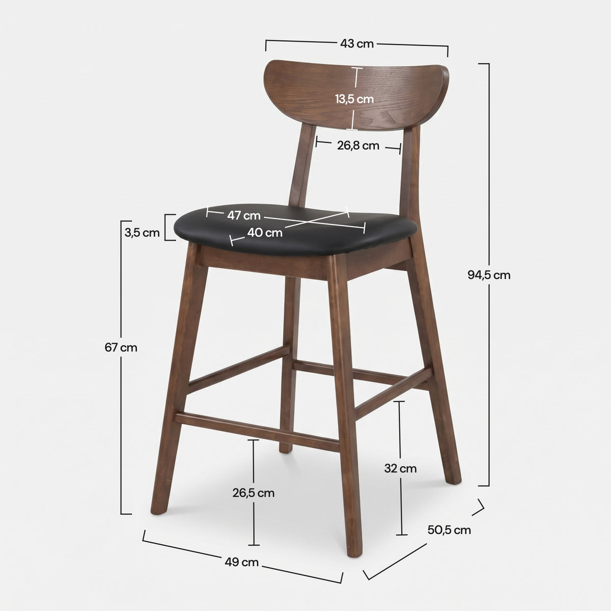 Dimensions de la chaise pour îlot central Tabata 67 cm en cuir synthétique noir et bois foncé - Maison Pavane