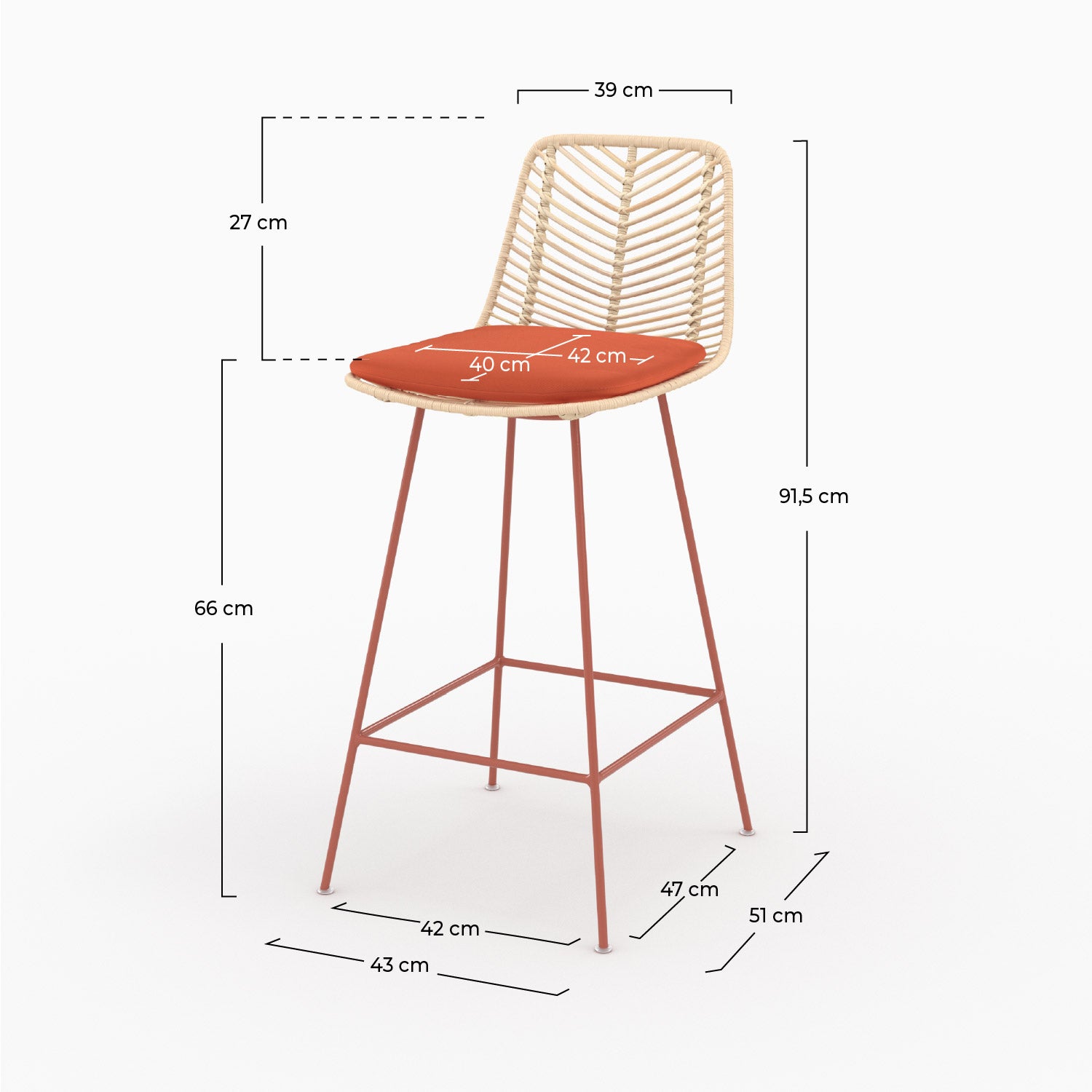 Dimensions de la chaise pour îlot central Tamara en rotin et tissu orange vermillon, assise 66 cm - Maison Pavane